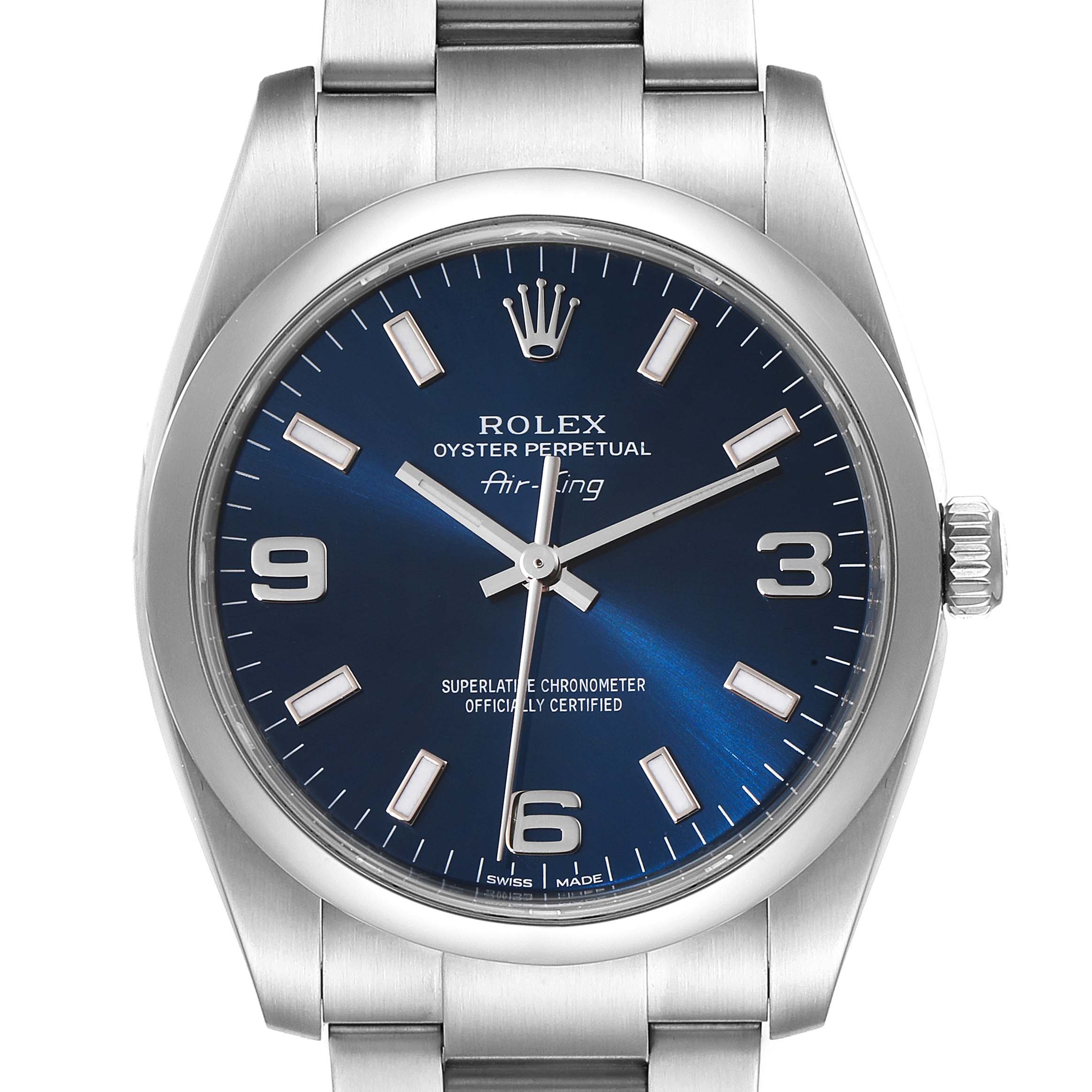 This image shows a front view of the Rolex Air-King 114200 Men's Stainless Steel Blue Dial 114200 Men's Stainless Steel Blue Dial watch, highlighting its blue dial, silver markers, and stainless steel bracelet.