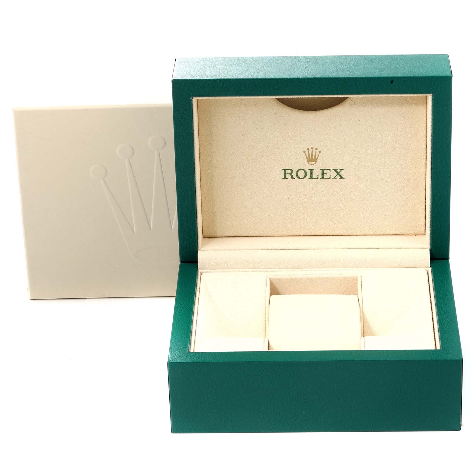 This image shows an empty Rolex Air-King 114200 Men's Stainless Steel Blue Dial 114200 Men's Stainless Steel Blue Dial watch box and its cream-colored outer packaging from a front angle.