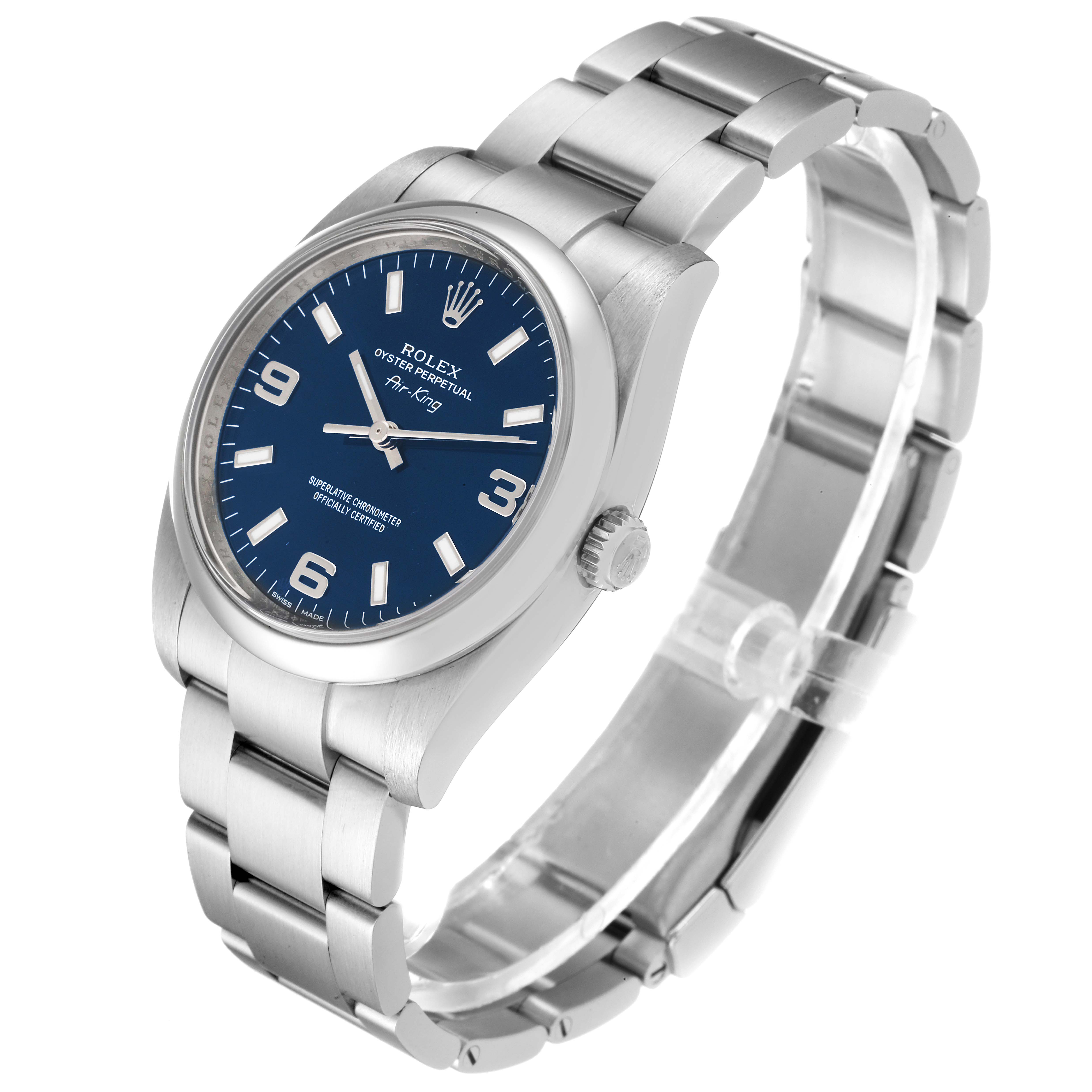 The image shows a Rolex Air-King 114200 Men's Stainless Steel Blue Dial 114200 Men's Stainless Steel Blue Dial watch with a stainless steel bracelet, blue dial, and silver-tone markers, viewed from an angled perspective.