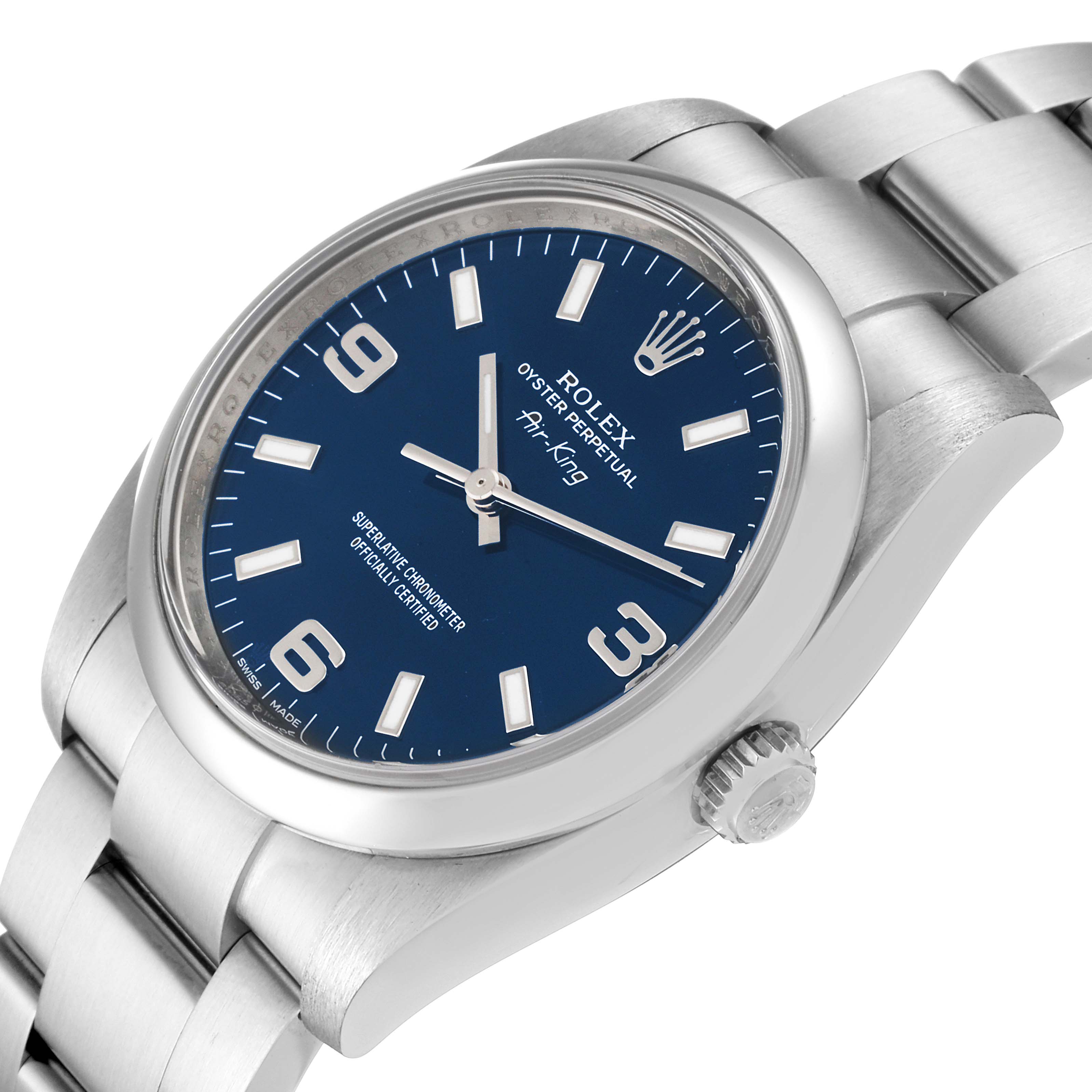 The image shows a side angle view of the Rolex Air-King 114200 Men's Stainless Steel Blue Dial 114200 Men's Stainless Steel Blue Dial watch, featuring its face, bezel, crown, and bracelet.