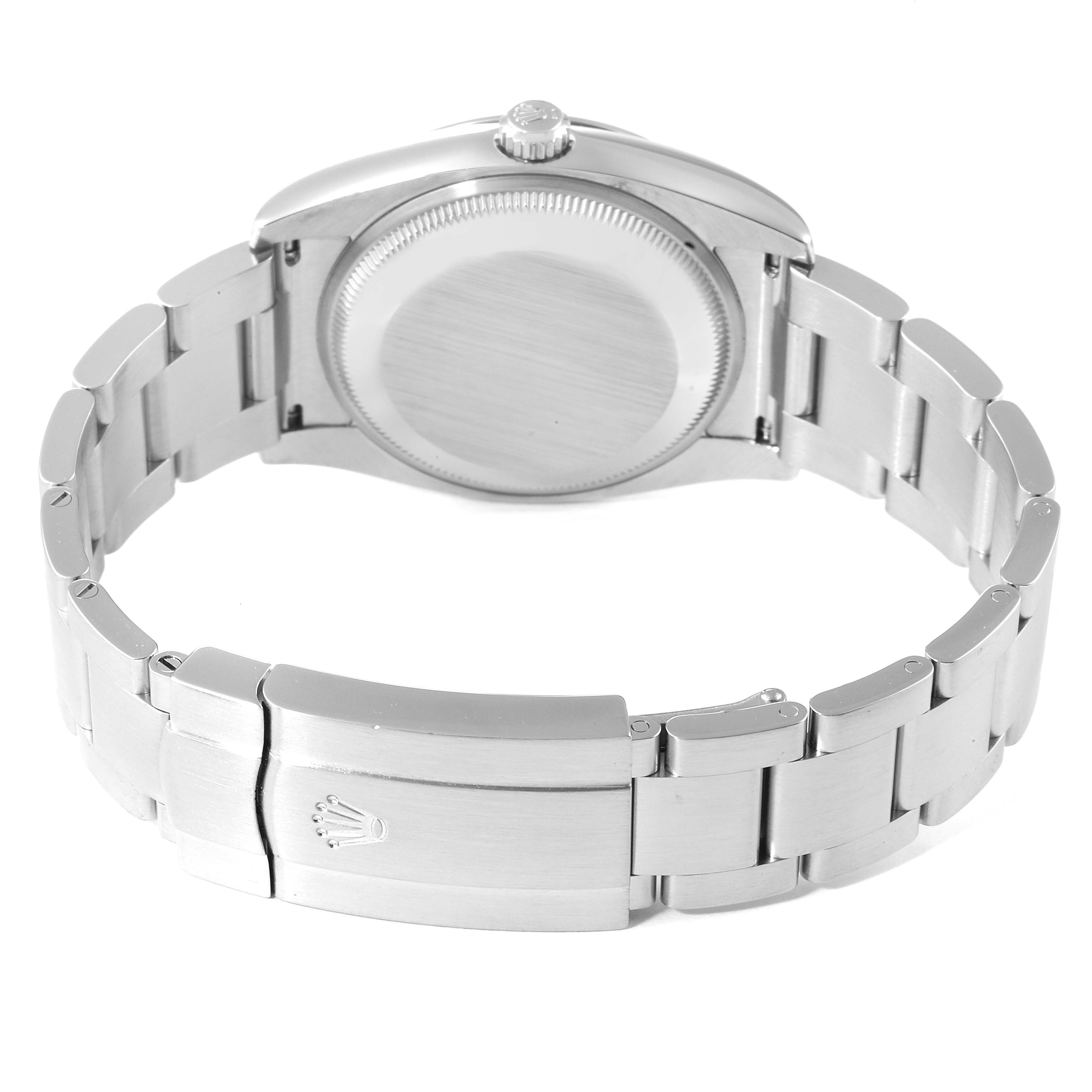 This image shows the back view of a Rolex Air-King 114200 Men's Stainless Steel Blue Dial 114200 Men's Stainless Steel Blue Dial watch, highlighting the case back and clasp.