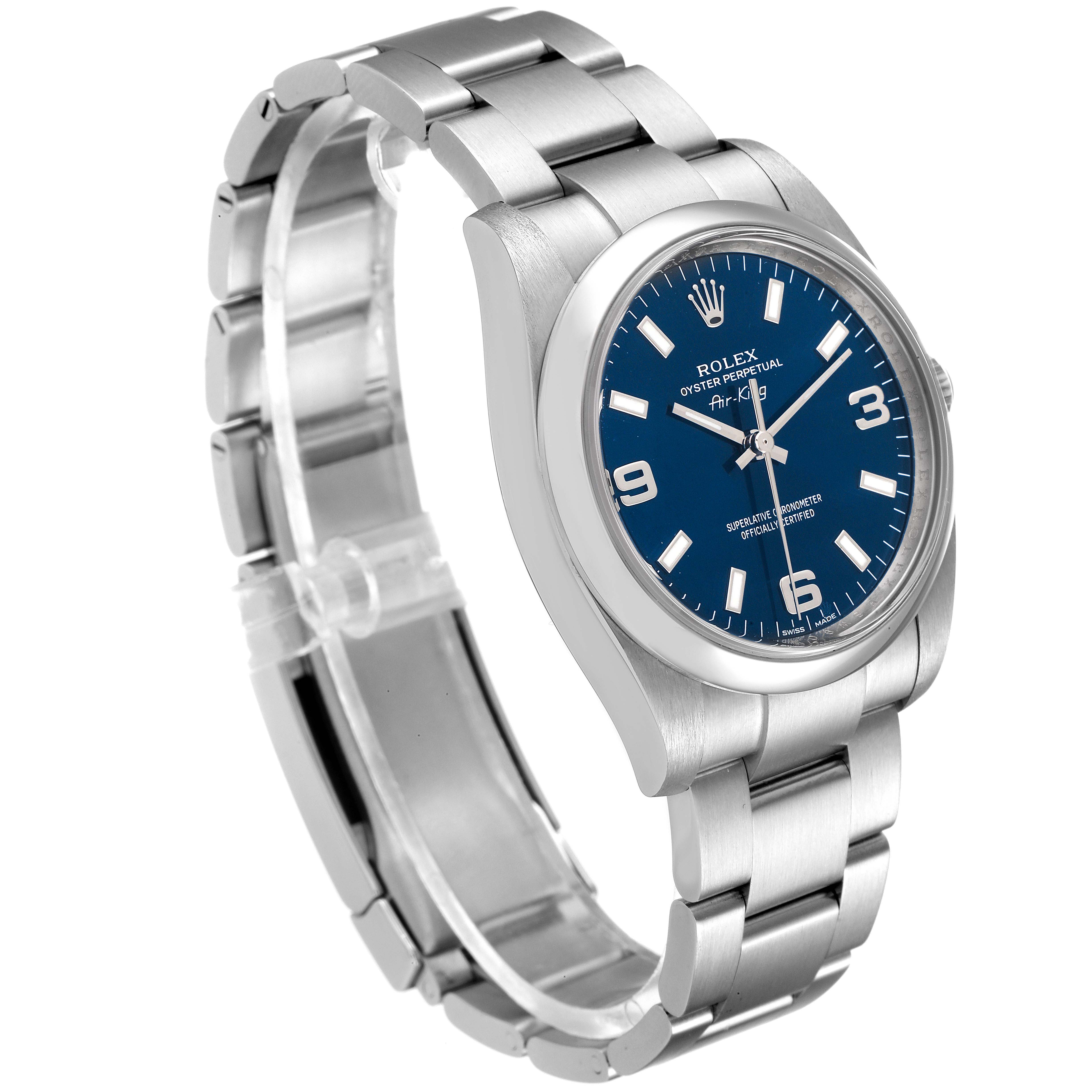 The image shows a side profile of a Rolex Air-King 114200 Men's Stainless Steel Blue Dial 114200 Men's Stainless Steel Blue Dial watch, highlighting the blue dial, case, and bracelet.