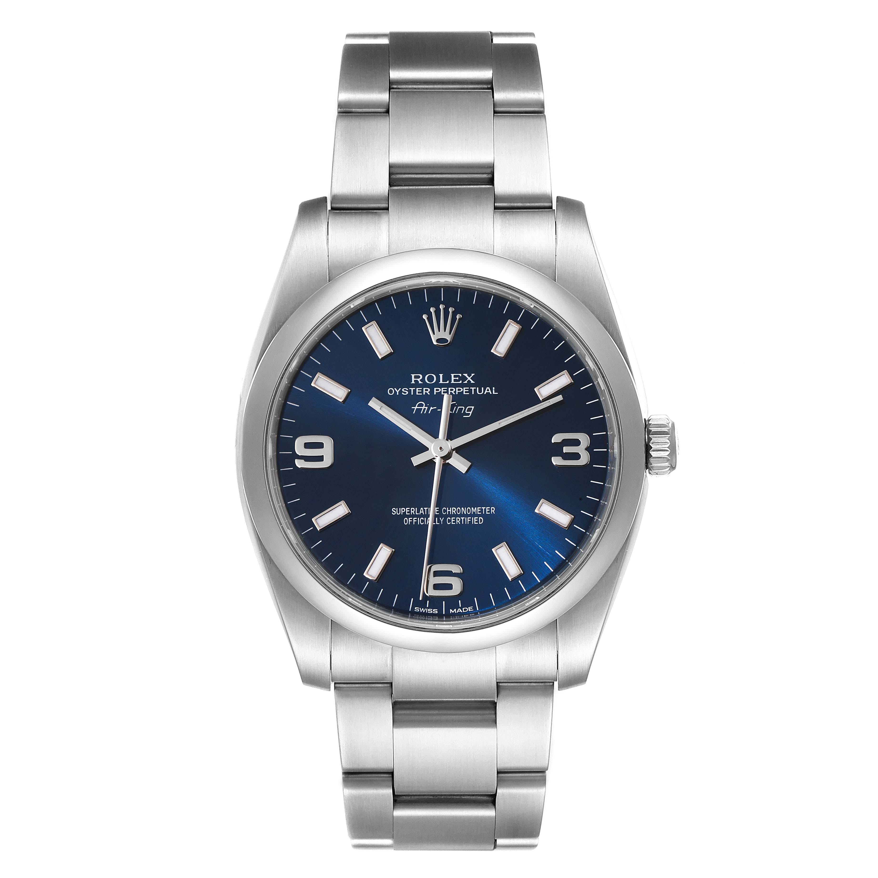 This is a front view of a Rolex Air-King 114200 Men's Stainless Steel Blue Dial 114200 Men's Stainless Steel Blue Dial watch, showcasing its blue dial, hour markers, and stainless steel bracelet.