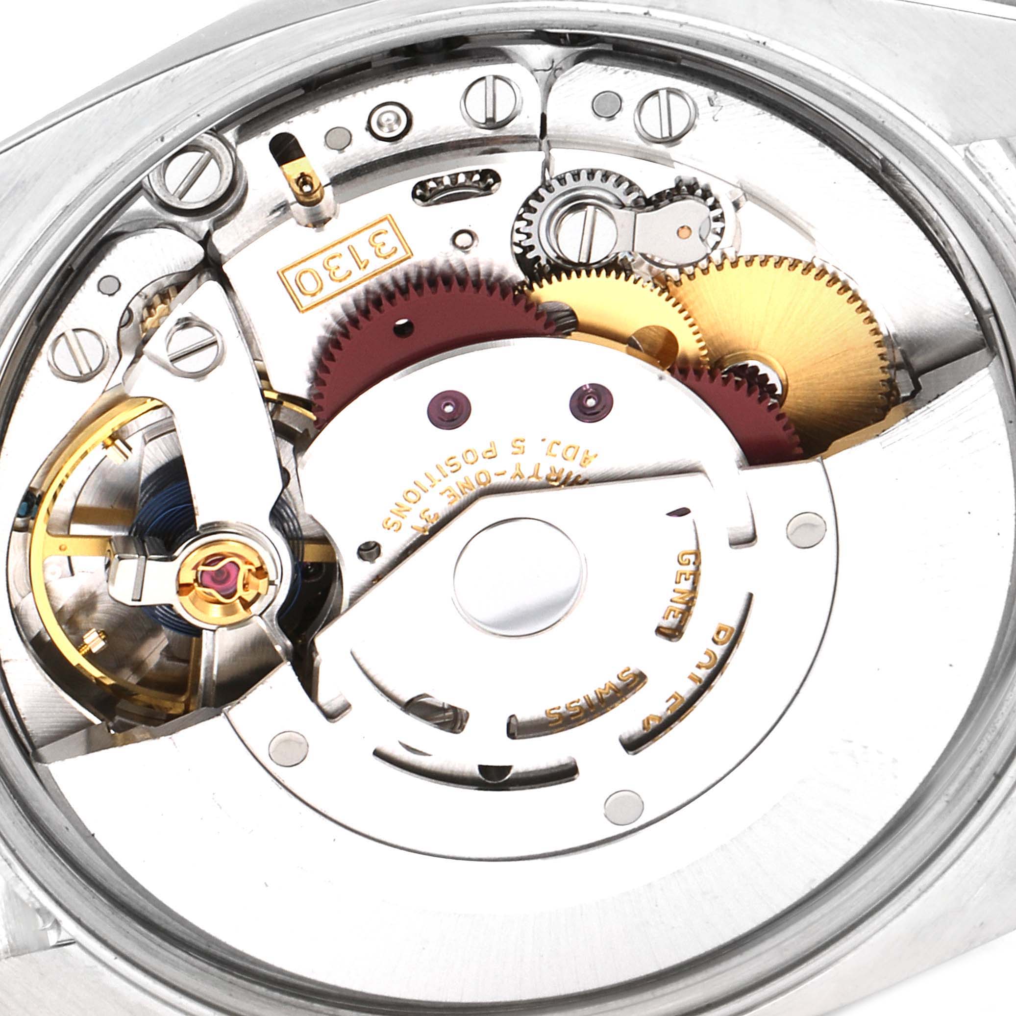 This image shows the intricate internal mechanism and movement of a Rolex Air-King 114200 Men's Stainless Steel Blue Dial 114200 Men's Stainless Steel Blue Dial watch from a close-up angle.