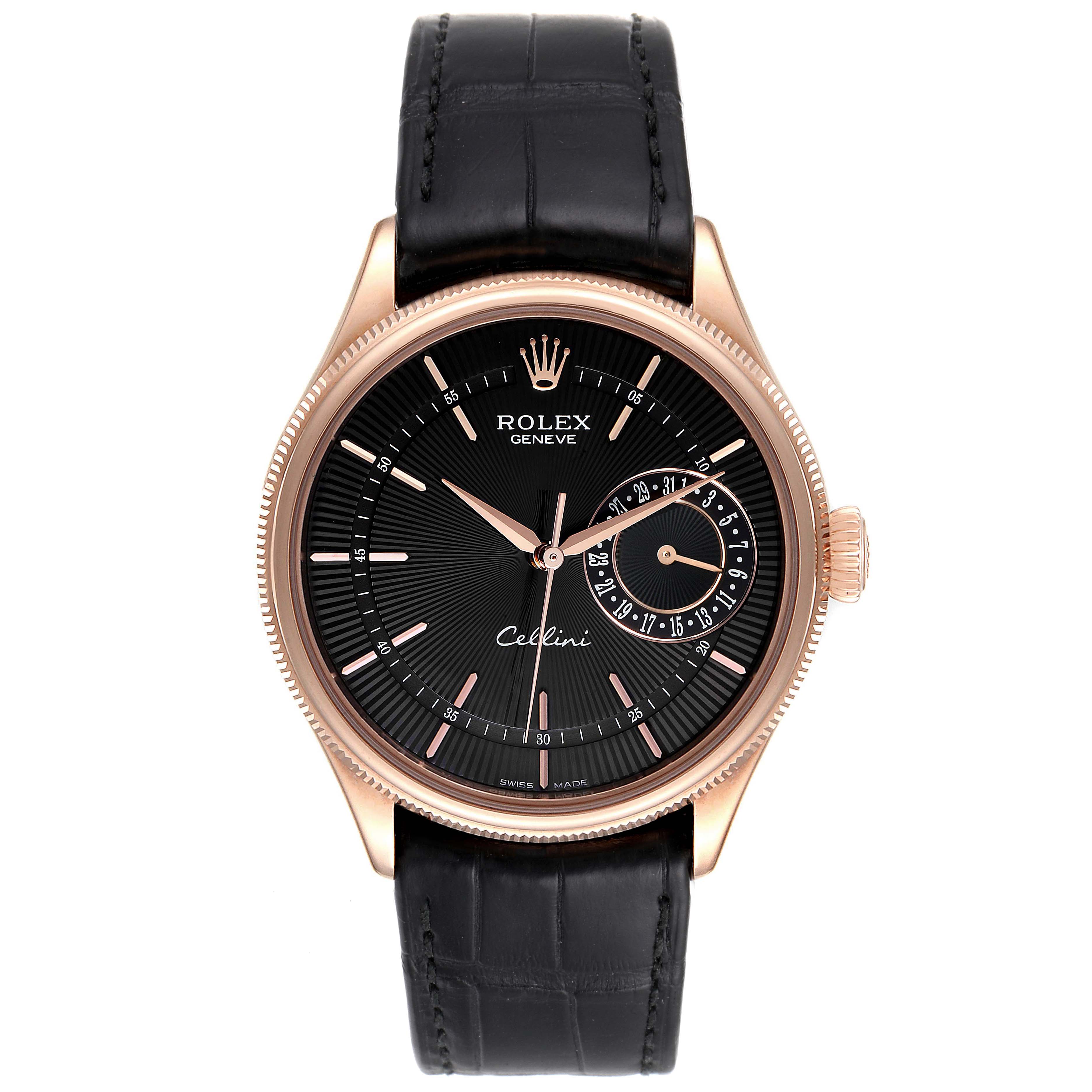 This image shows a front view of the Rolex Cellini 50515 Men's Rose Gold Black Dial 50515 Men's Rose Gold Black Dial watch, highlighting its black dial, rose gold case, and black leather strap.