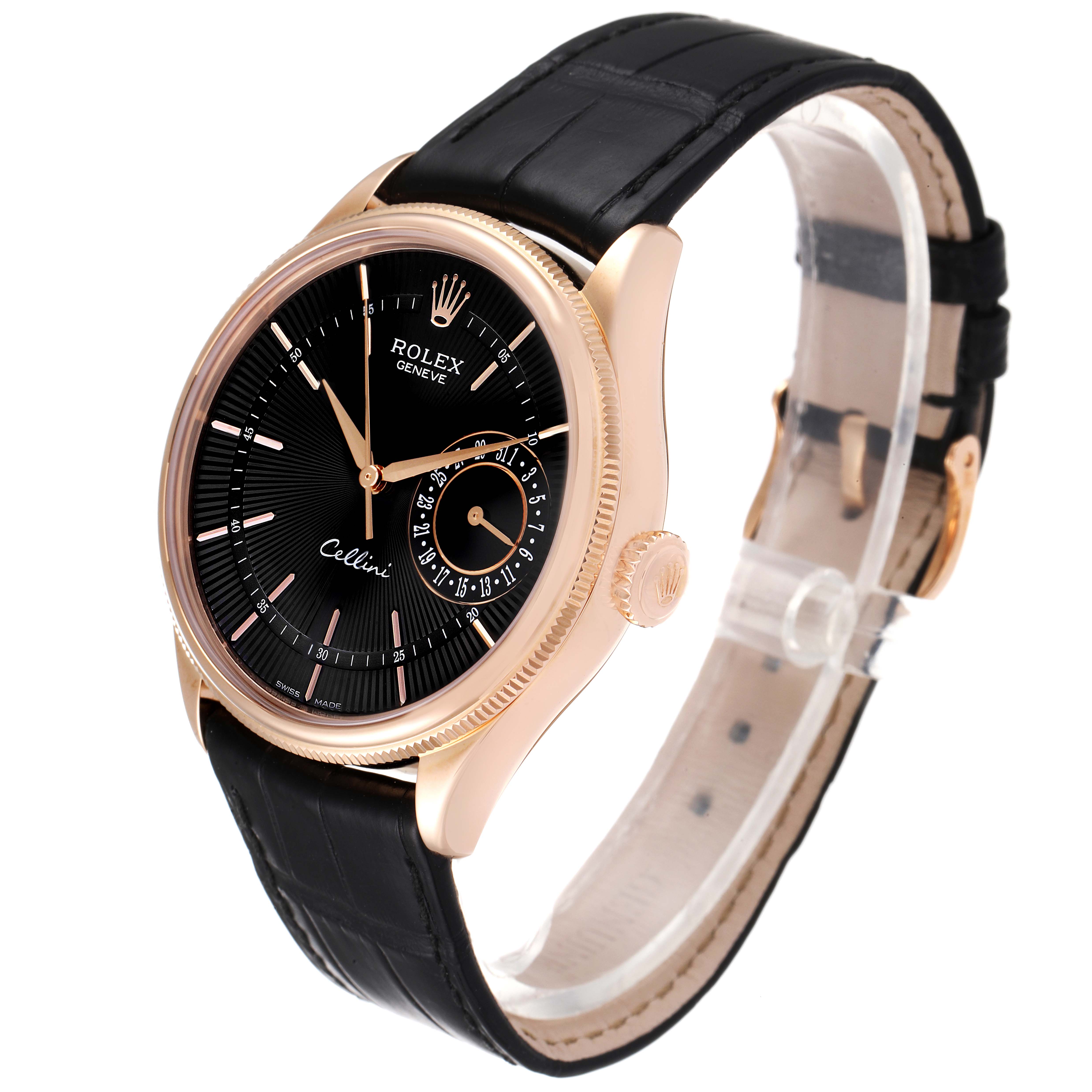 The image shows a Rolex Cellini 50515 Men's Rose Gold Black Dial 50515 Men's Rose Gold Black Dial watch at a three-quarter angle, highlighting its black dial and leather strap.