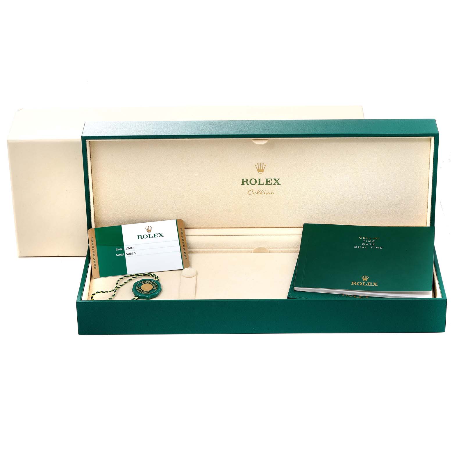 The image shows a Rolex Cellini 50515 Men's Rose Gold Black Dial 50515 Men's Rose Gold Black Dial watch box with accompanying papers and accessories, viewed from above.