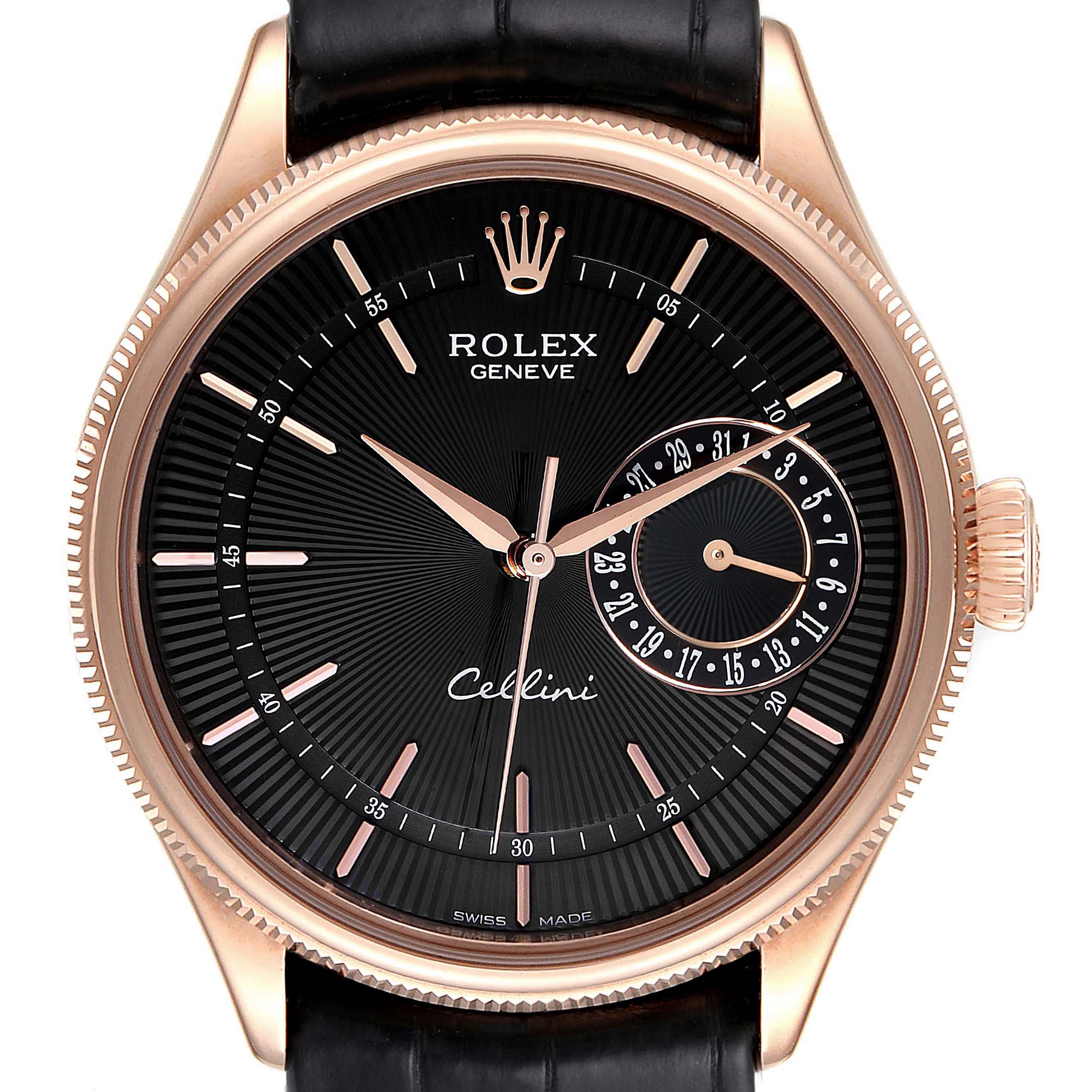 The image shows a close-up view of the face of a Rolex Cellini 50515 Men's Rose Gold Black Dial 50515 Men's Rose Gold Black Dial watch, highlighting the dial, hands, and date subdial.