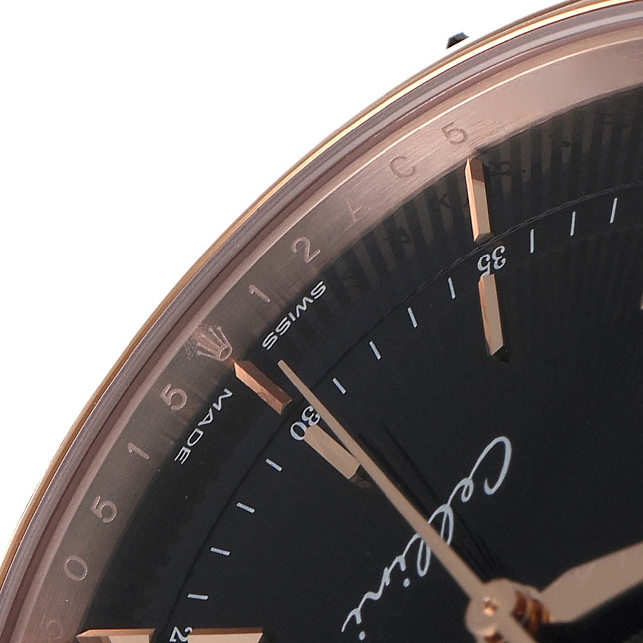 The image shows a close-up angle of the Rolex Cellini 50515 Men's Rose Gold Black Dial 50515 Men's Rose Gold Black Dial watch, focusing on the dial, hour markers, and part of the bezel.