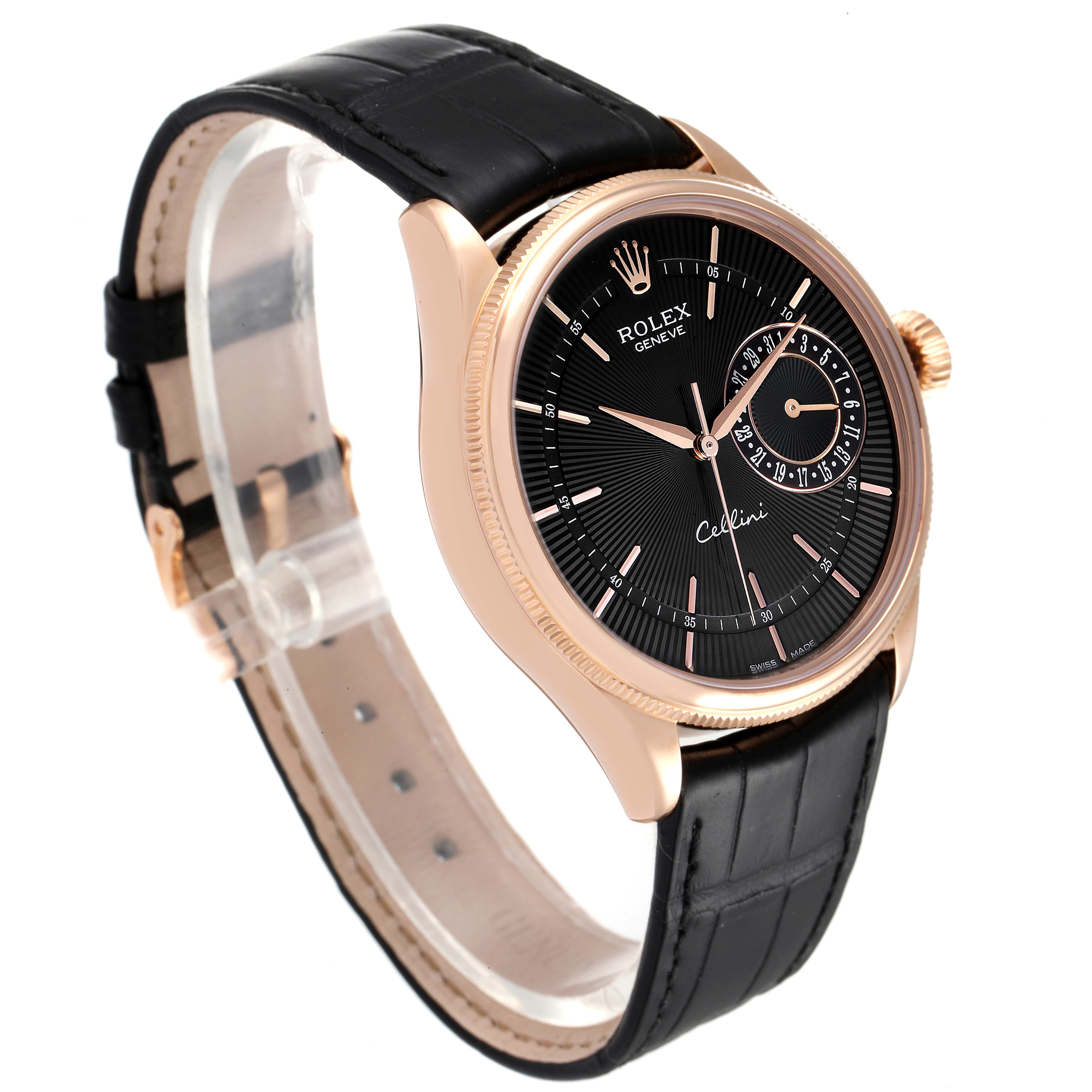The image shows a Rolex Cellini 50515 Men's Rose Gold Black Dial 50515 Men's Rose Gold Black Dial watch at a three-quarter view, displaying the dial, case, and leather strap.