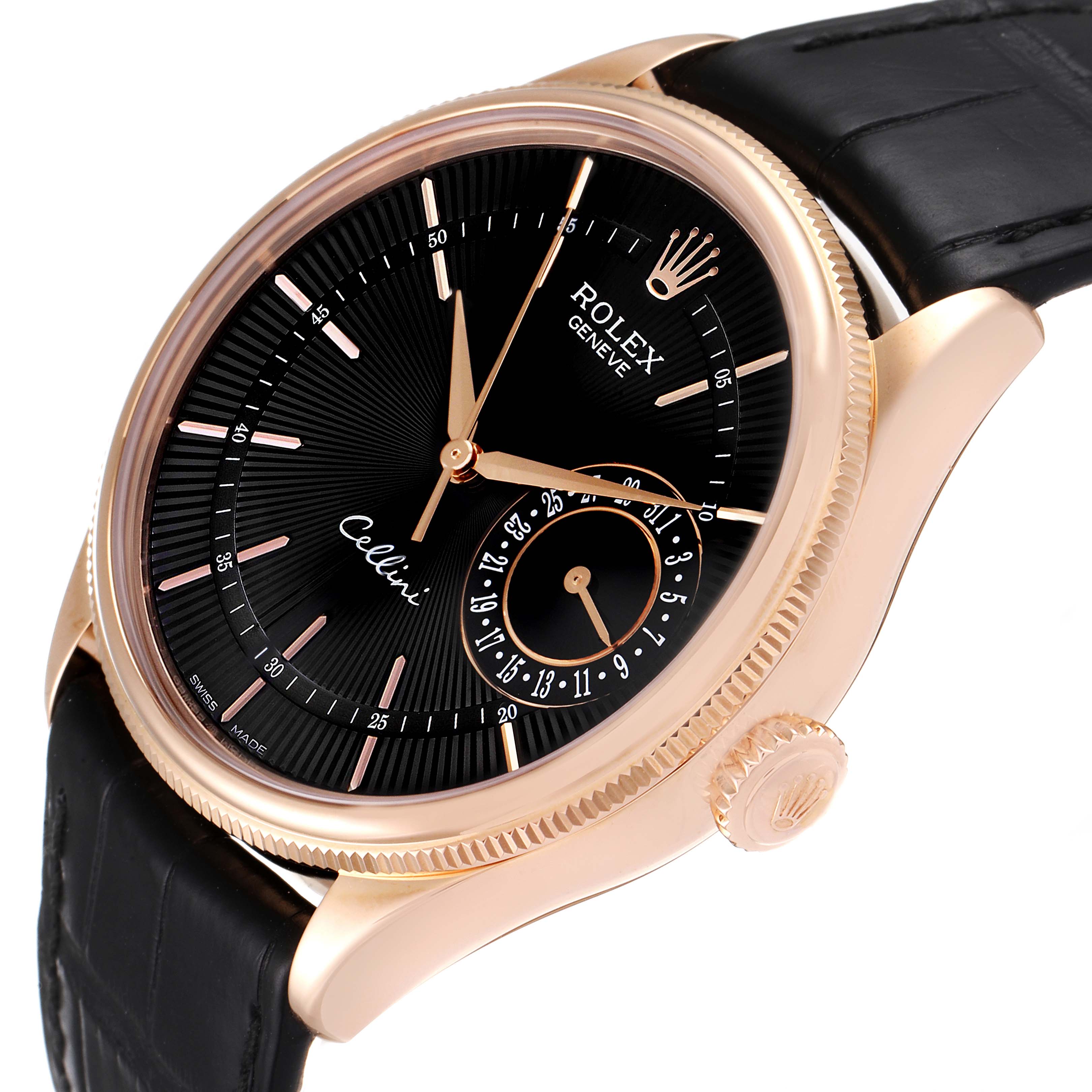 The Rolex Cellini 50515 Men's Rose Gold Black Dial 50515 Men's Rose Gold Black Dial watch is shown at a slight angle, highlighting the dial, crown, case, and strap.
