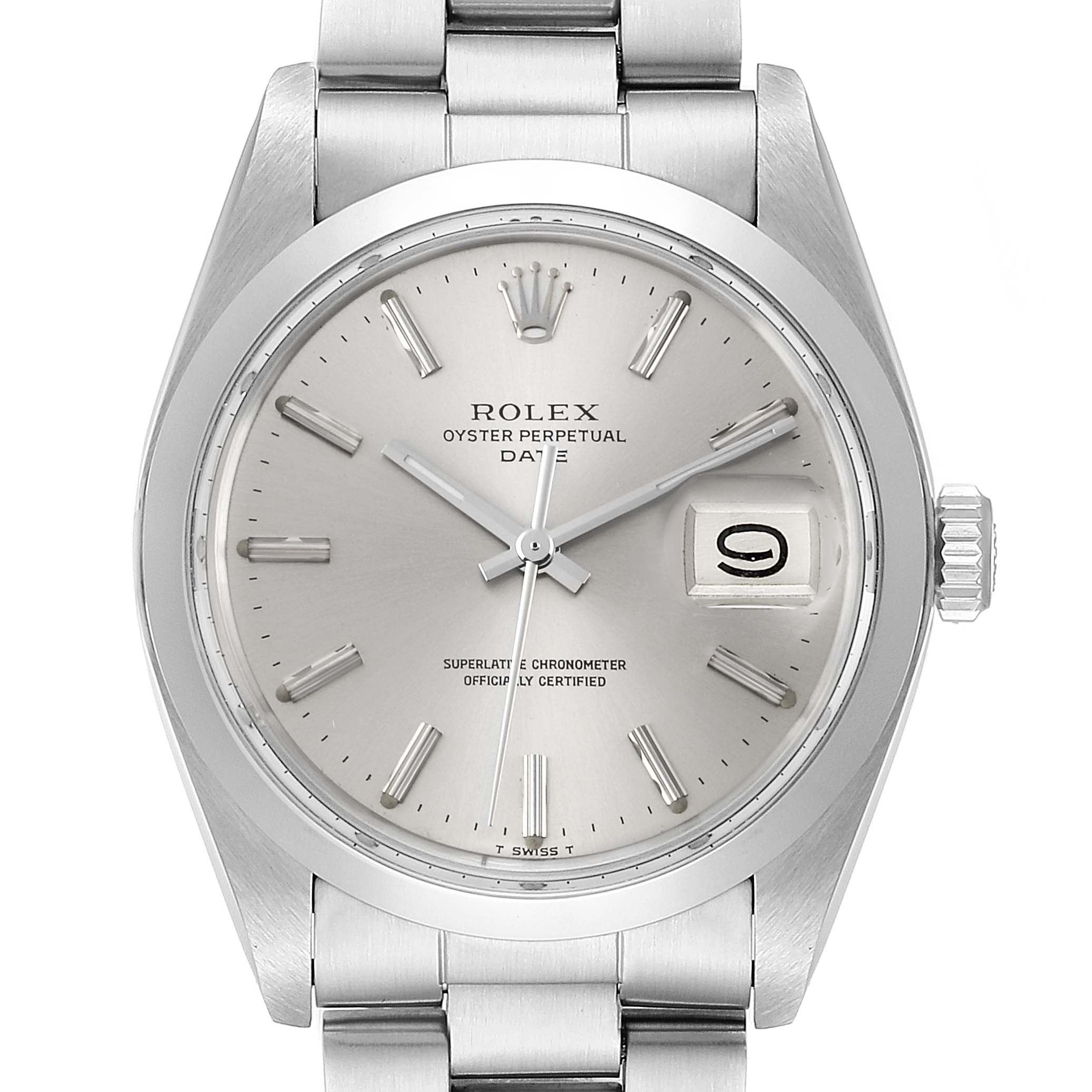 This Rolex Vintage Collection 1500 Men's Stainless Steel Silver Dial 1500 Men's Stainless Steel Silver Dial model is shown from a front angle, displaying the dial, hands, date window, and part of the bracelet.