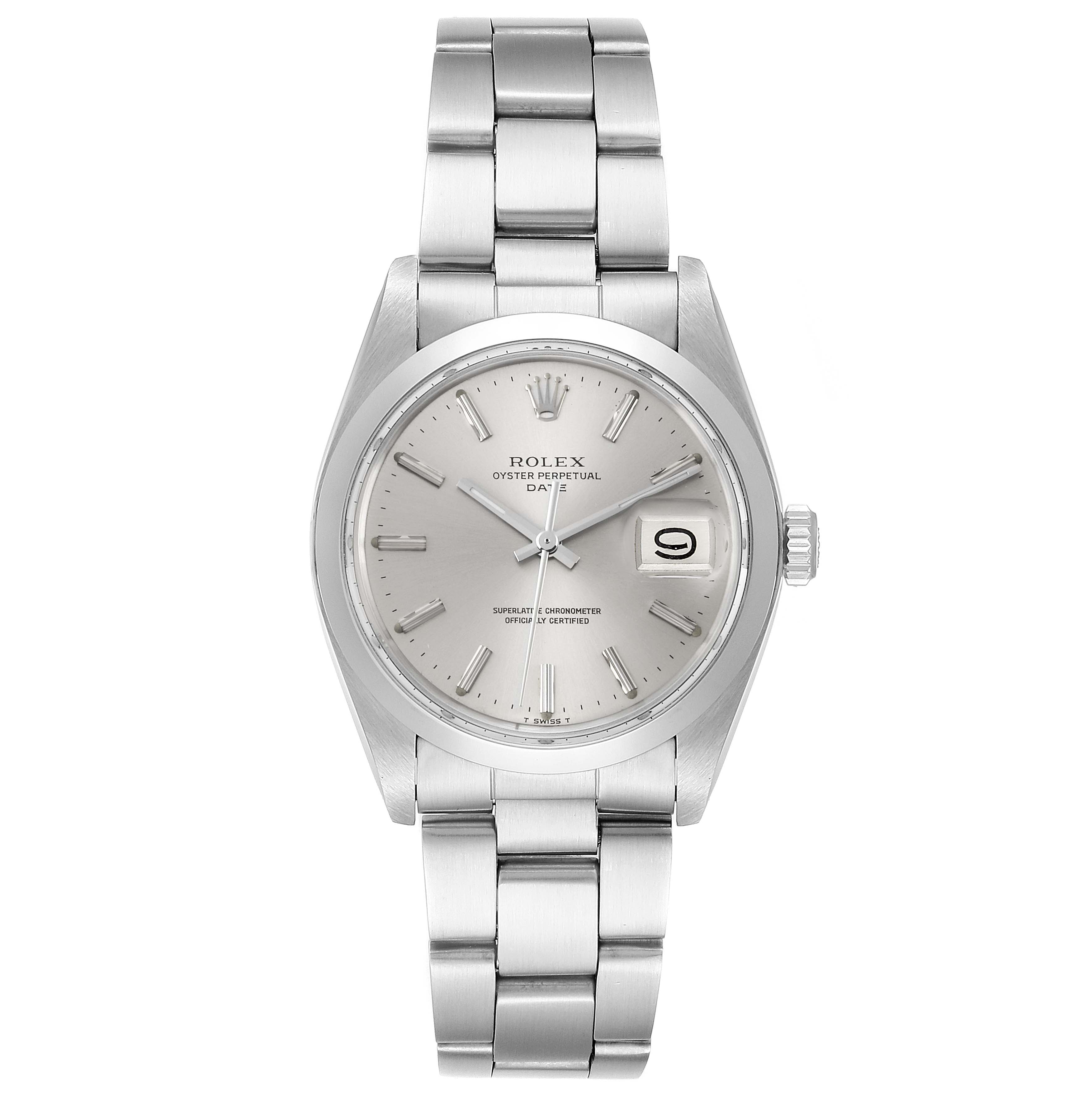 This image shows a front view of the Rolex Vintage Collection 1500 Men's Stainless Steel Silver Dial 1500 Men's Stainless Steel Silver Dial watch, displaying its dial, bezel, case, and bracelet.
