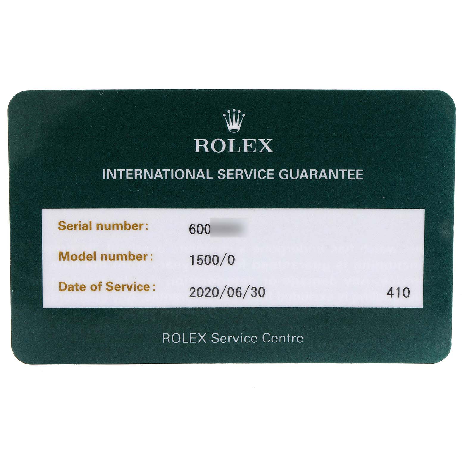 The image shows an International Service Guarantee card for a Rolex Vintage Collection 1500 Men's Stainless Steel Silver Dial 1500 Men's Stainless Steel Silver Dial model 1500/O.