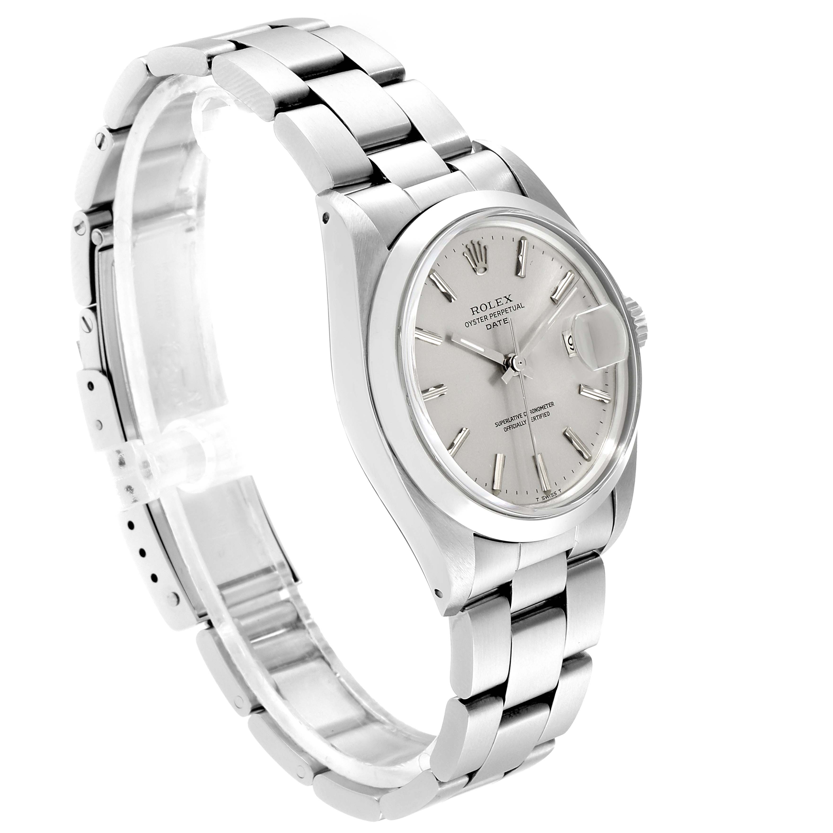 The image shows a side-angle view of the Rolex Vintage Collection 1500 Men's Stainless Steel Silver Dial 1500 Men's Stainless Steel Silver Dial watch, highlighting the bracelet, case, and dial.