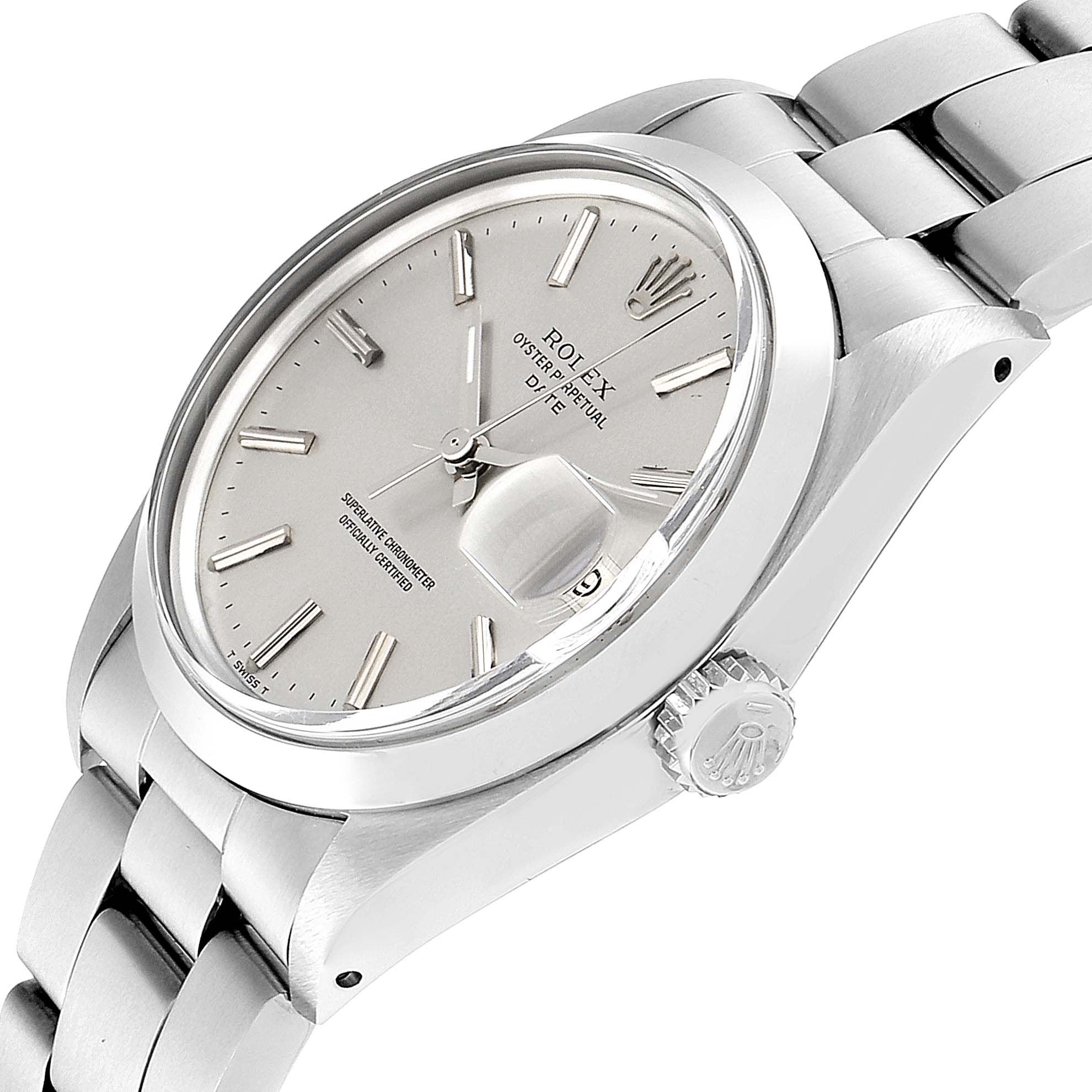This image shows the Rolex Vintage Collection 1500 Men's Stainless Steel Silver Dial 1500 Men's Stainless Steel Silver Dial watch at a three-quarter angle, highlighting the dial, crown, case, and part of the bracelet.