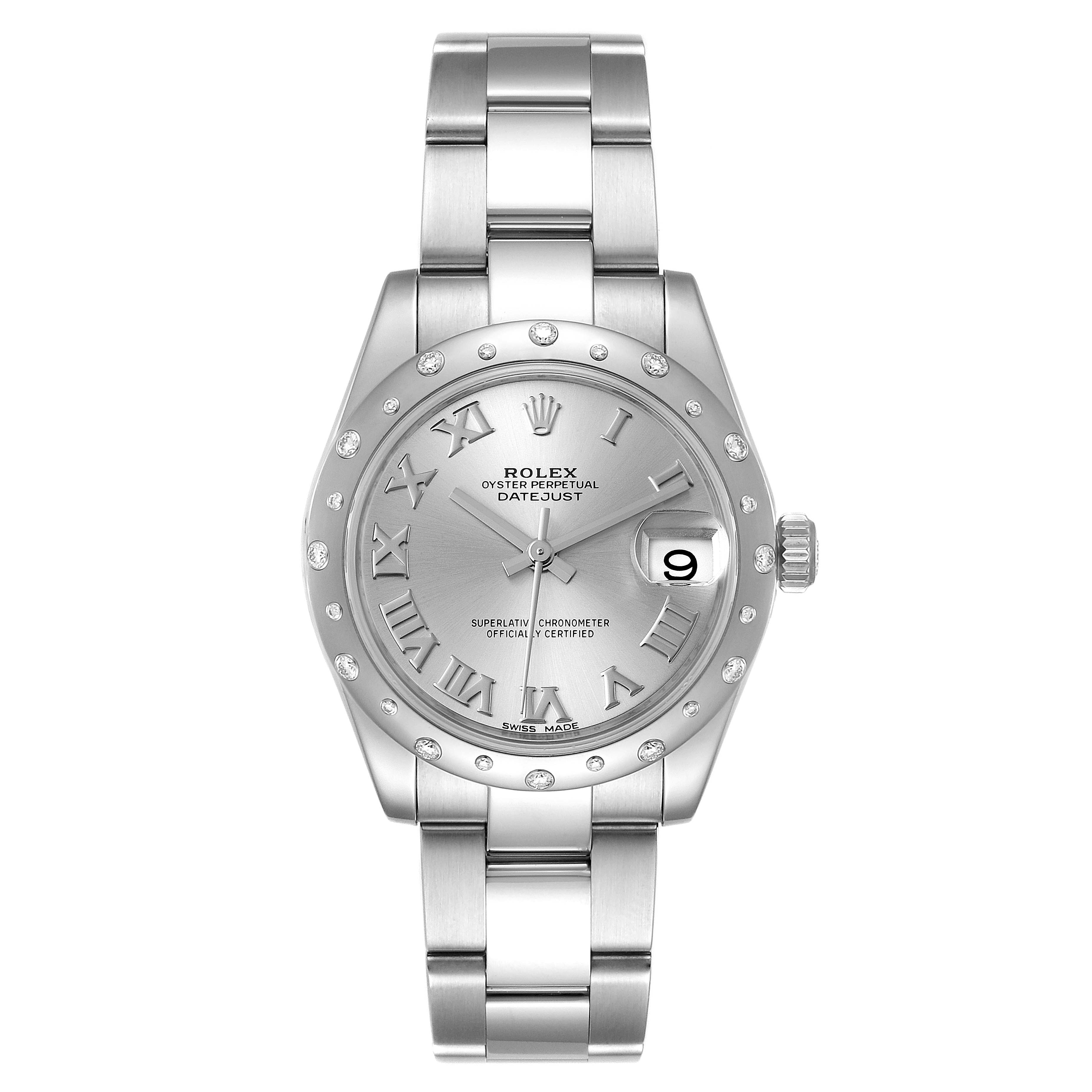 The image shows a front view of a Mid-Size Rolex Oyster Perpetual Datejust watch, displaying the dial, bezel, and bracelet.