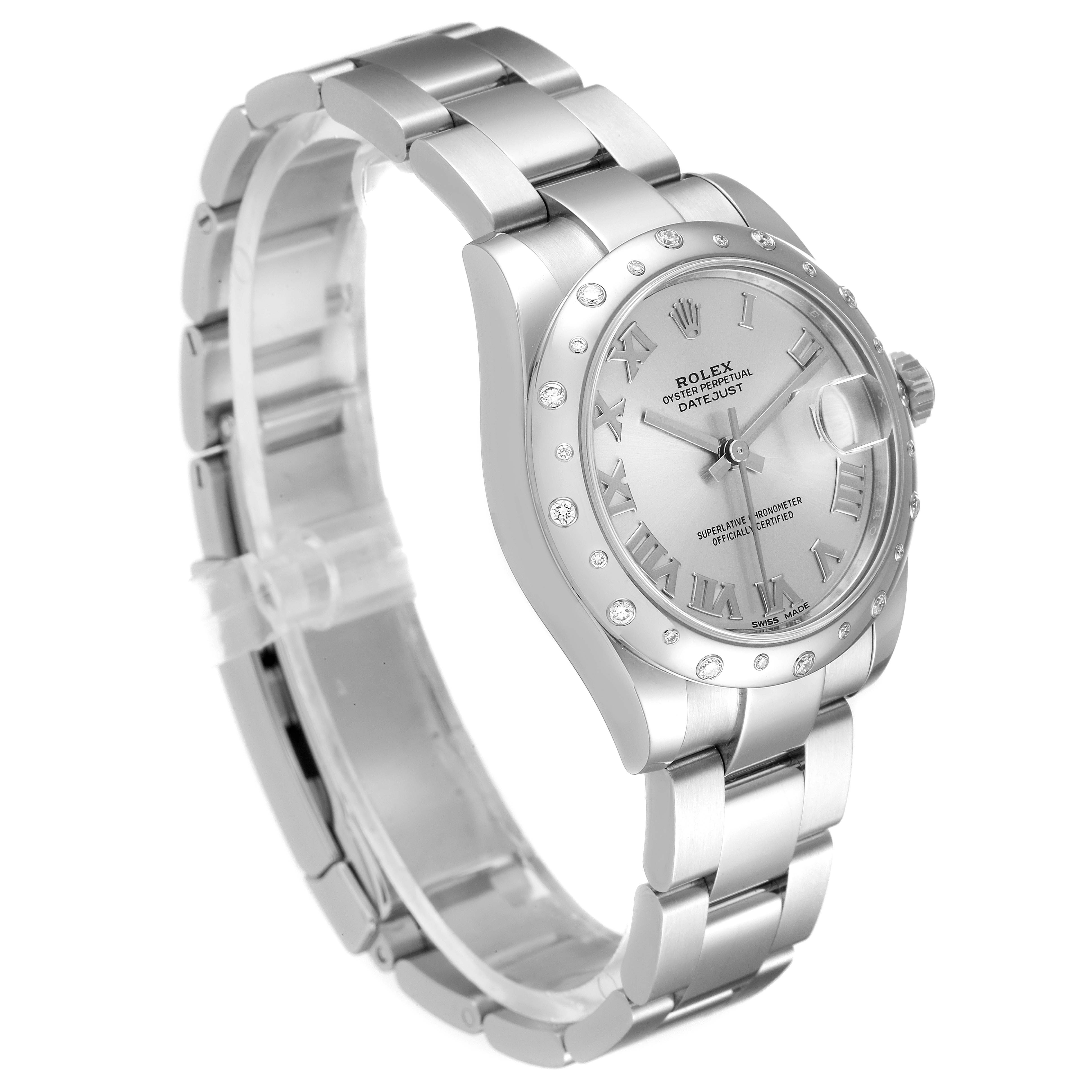 The image shows a side and top view of a Rolex Mid-Size 178344 Women
s Stainless Steel Silver Dial 178344 Women
s Stainless Steel Silver Dial Datejust, featuring its band, dial, and bezel.