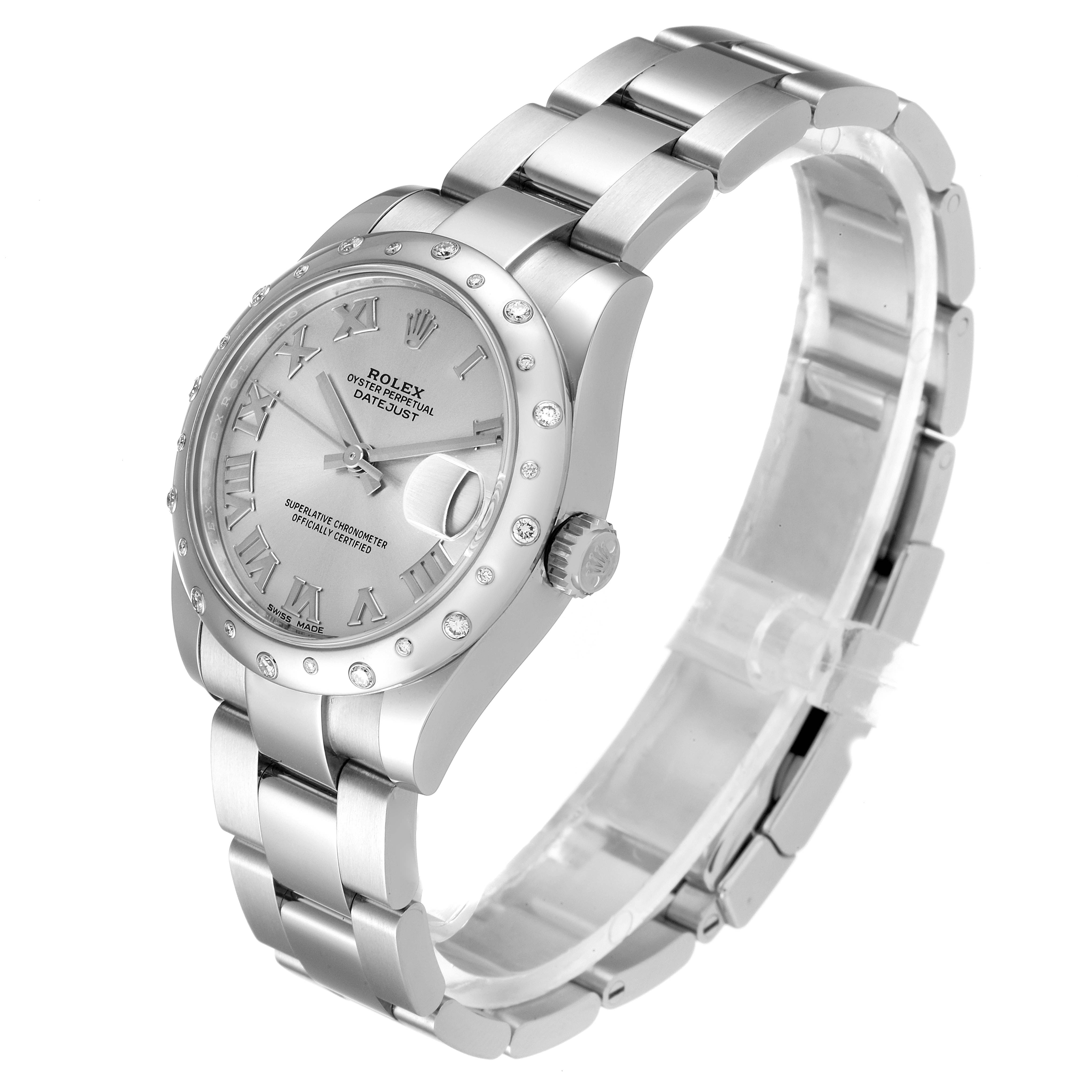 The image shows a Mid-Size Rolex Datejust watch from a three-quarter angle, displaying the dial, bezel, crown, and bracelet.