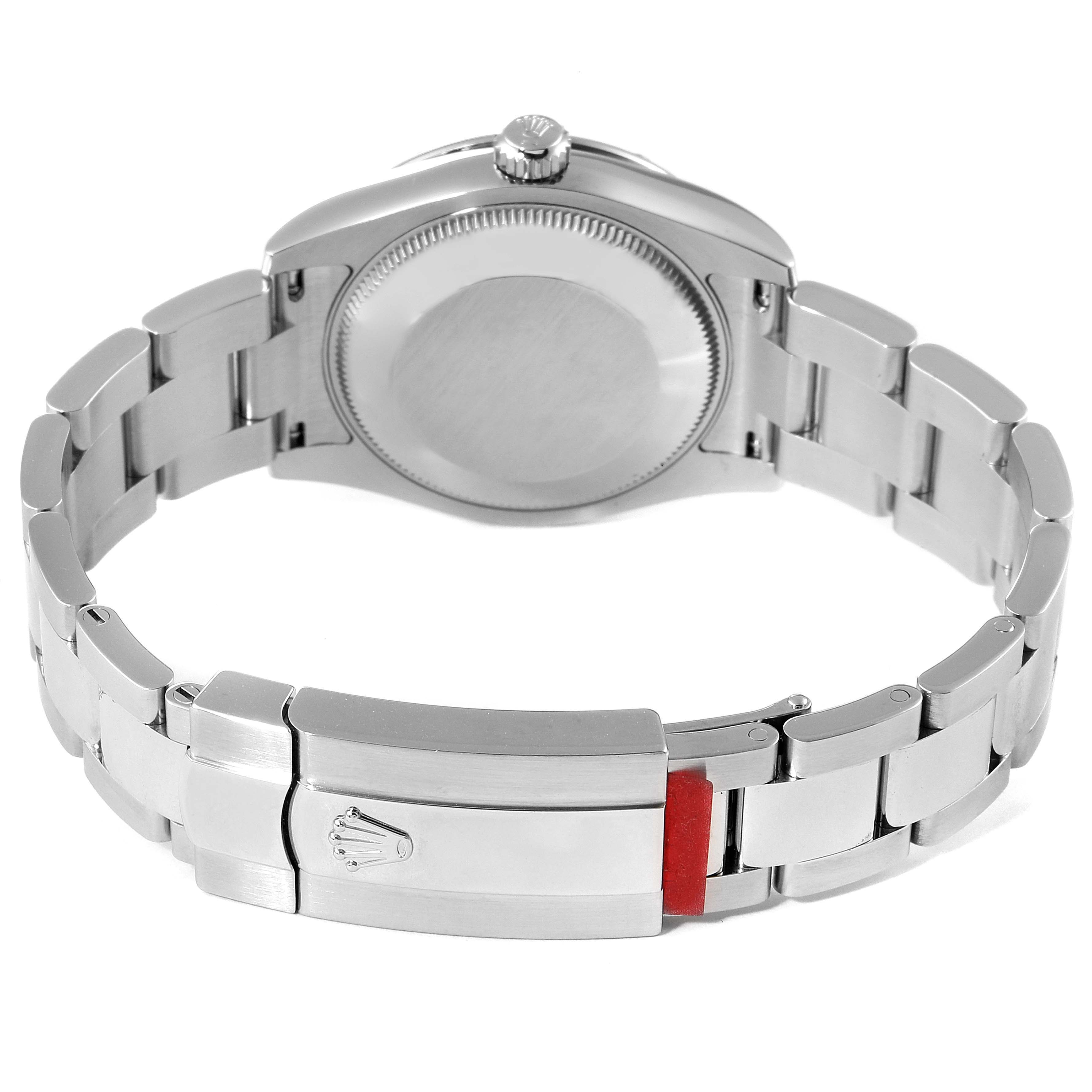 This image shows the back case and clasp of a Mid-Size Rolex watch in a fully laid-out position.