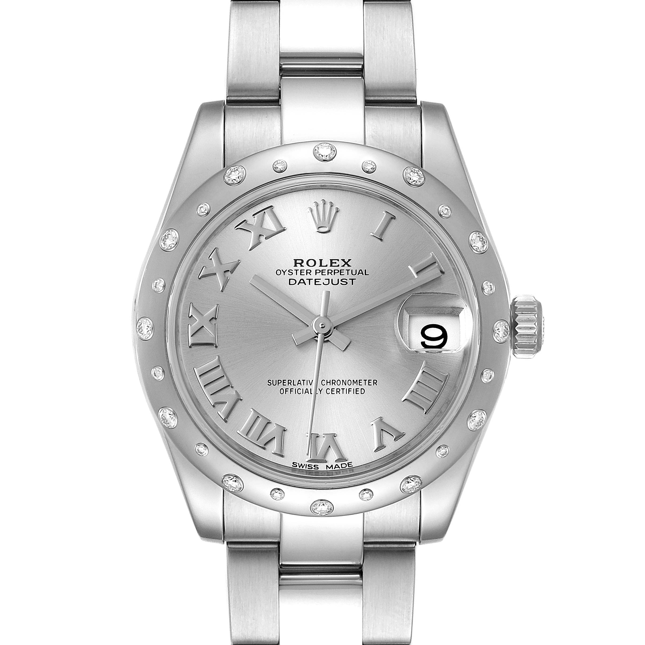 This image shows a frontal view of a Rolex Oyster Perpetual Datejust Mid-Size watch, highlighting the dial, bezel, and bracelet.