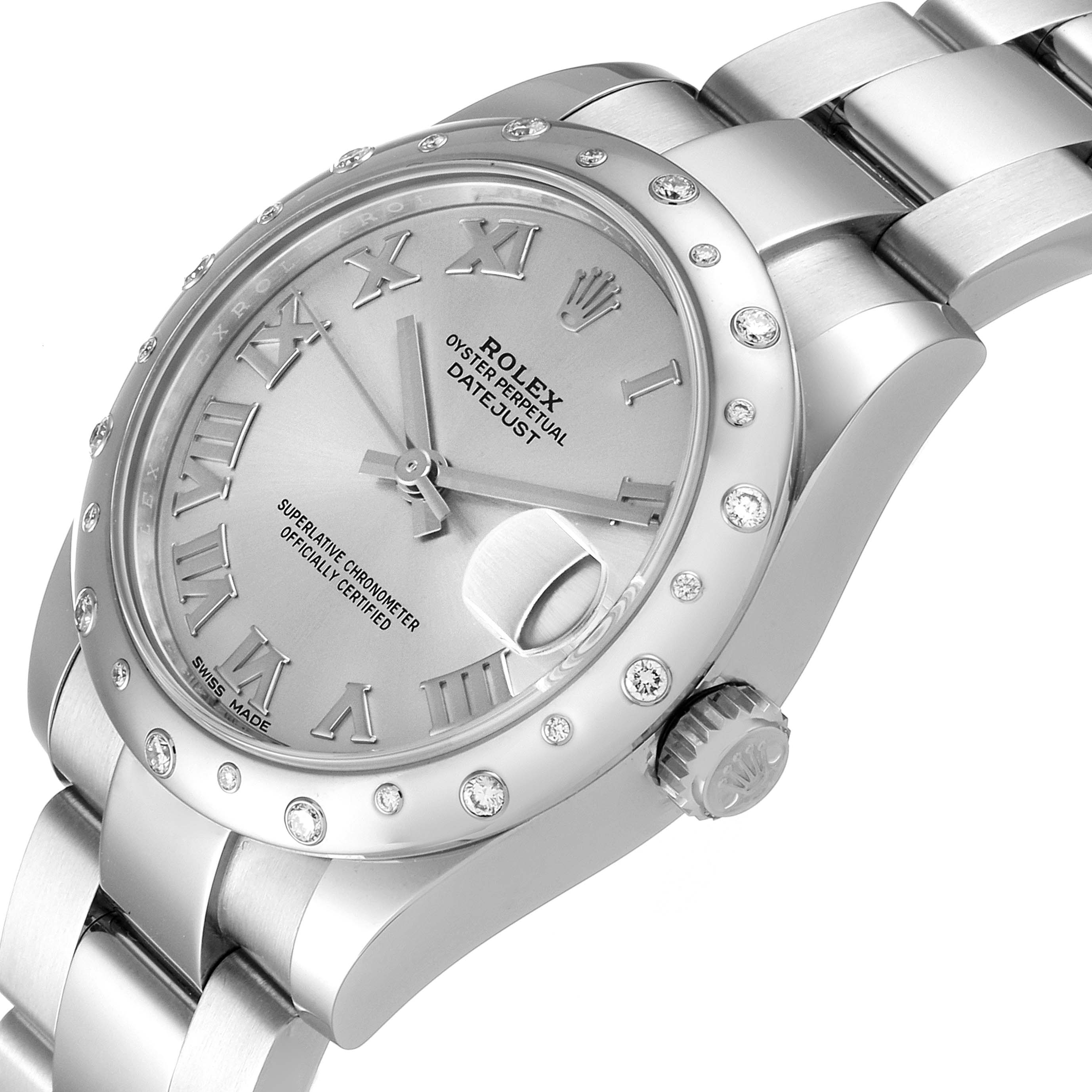 This image shows a Rolex Datejust Mid-Size watch at an angled close-up view, highlighting its dial, bezel, crown, and bracelet.