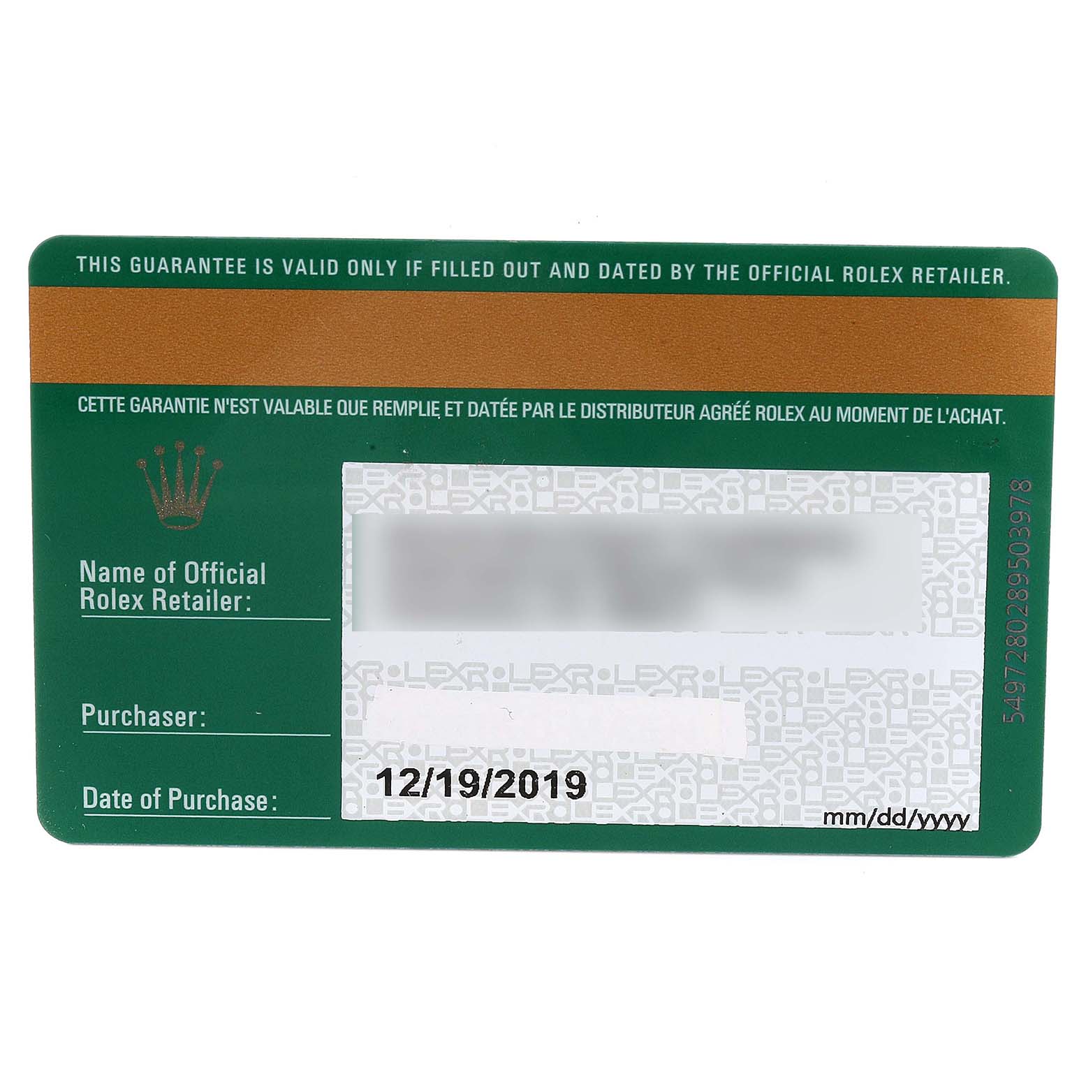 The image shows a filled-out and dated official guarantee card for a Mid-Size Rolex watch.