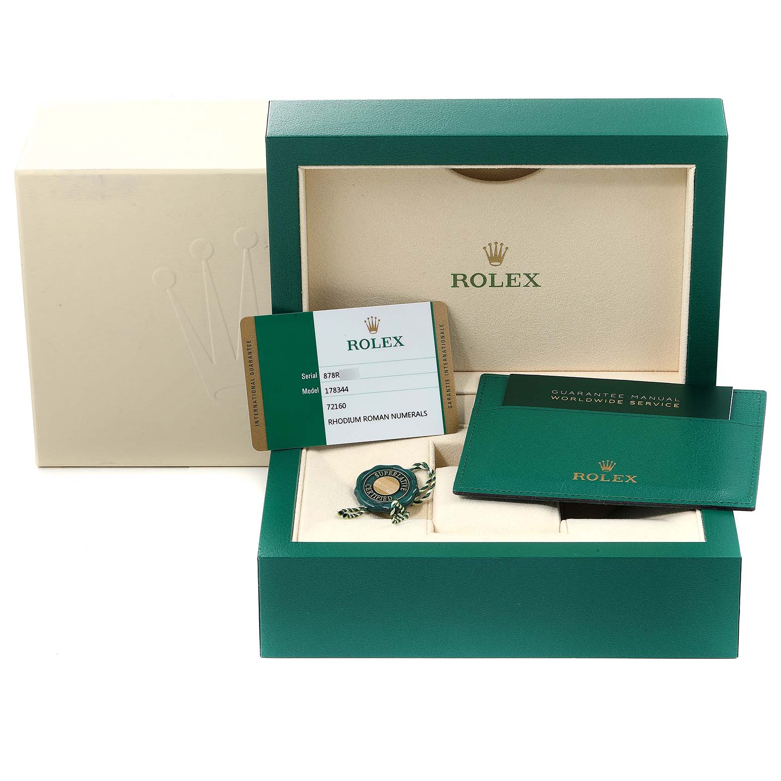 The image shows the packaging, guarantee card, manuals, and tags for a Rolex Mid-Size 178344 Women
s Stainless Steel Silver Dial 178344 Women
s Stainless Steel Silver Dial model watch.