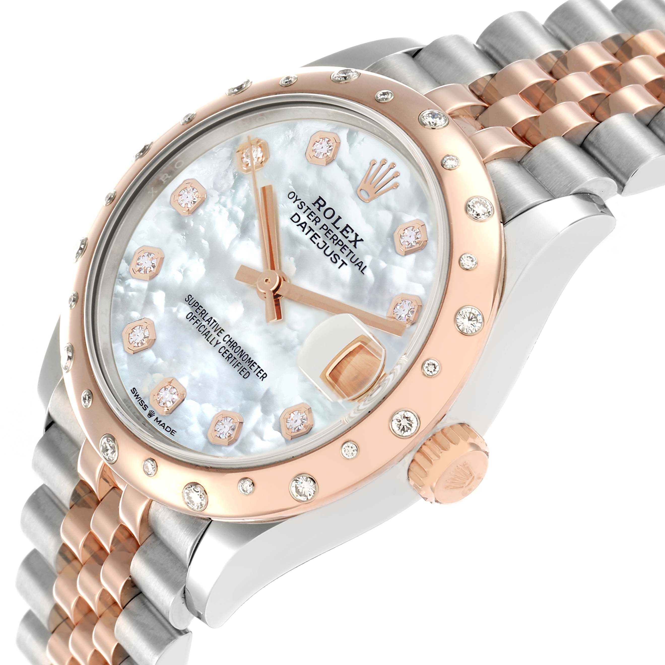 The Rolex Mid-Size 278341 Women
s Steel and Gold (two tone) Mother of Pearl Dial model is shown at an angled view, highlighting the face, bezel, crown, and Jubilee bracelet.