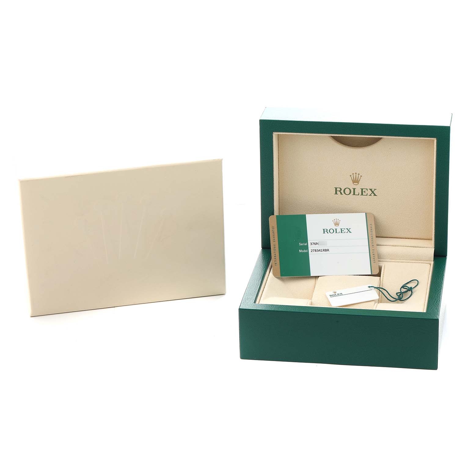 The image shows the packaging and accessories of a Rolex Mid-Size 278341 Women
s Steel and Gold (two tone) Mother of Pearl Dial model, including its box, warranty card, and tag.