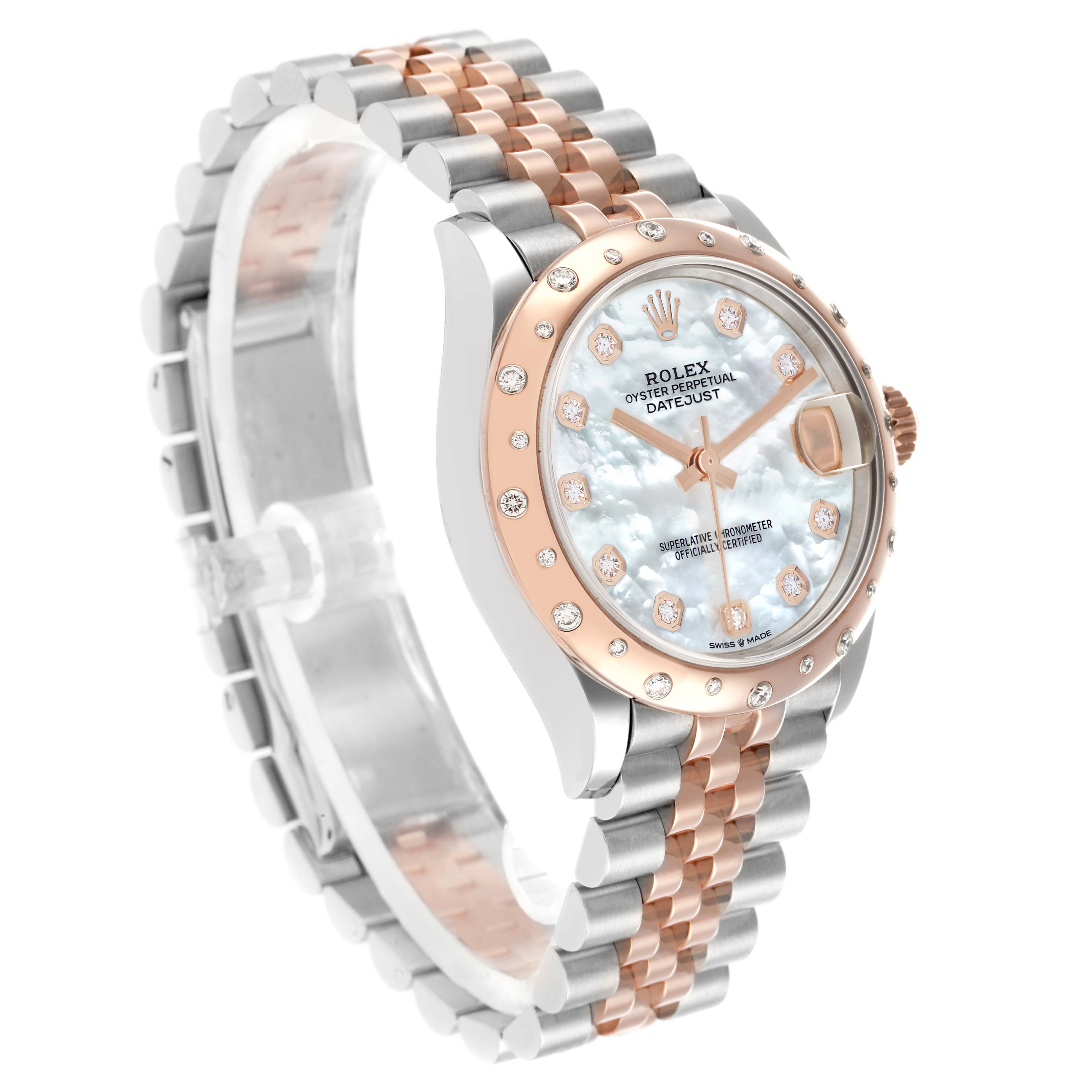 The image displays a Rolex Datejust mid-size watch at a three-quarter angle, showcasing the dial, bezel, and bracelet.