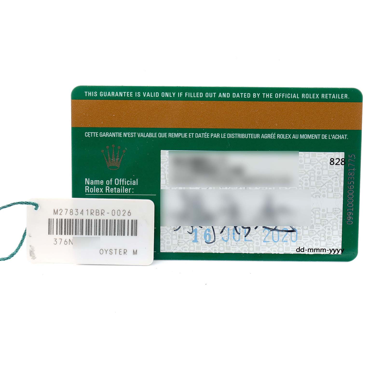 The image shows a Rolex Mid-Size 278341 Women
s Steel and Gold (two tone) Mother of Pearl Dial model accessory with a green warranty card and tag, highlighting its Best Quality
ity.