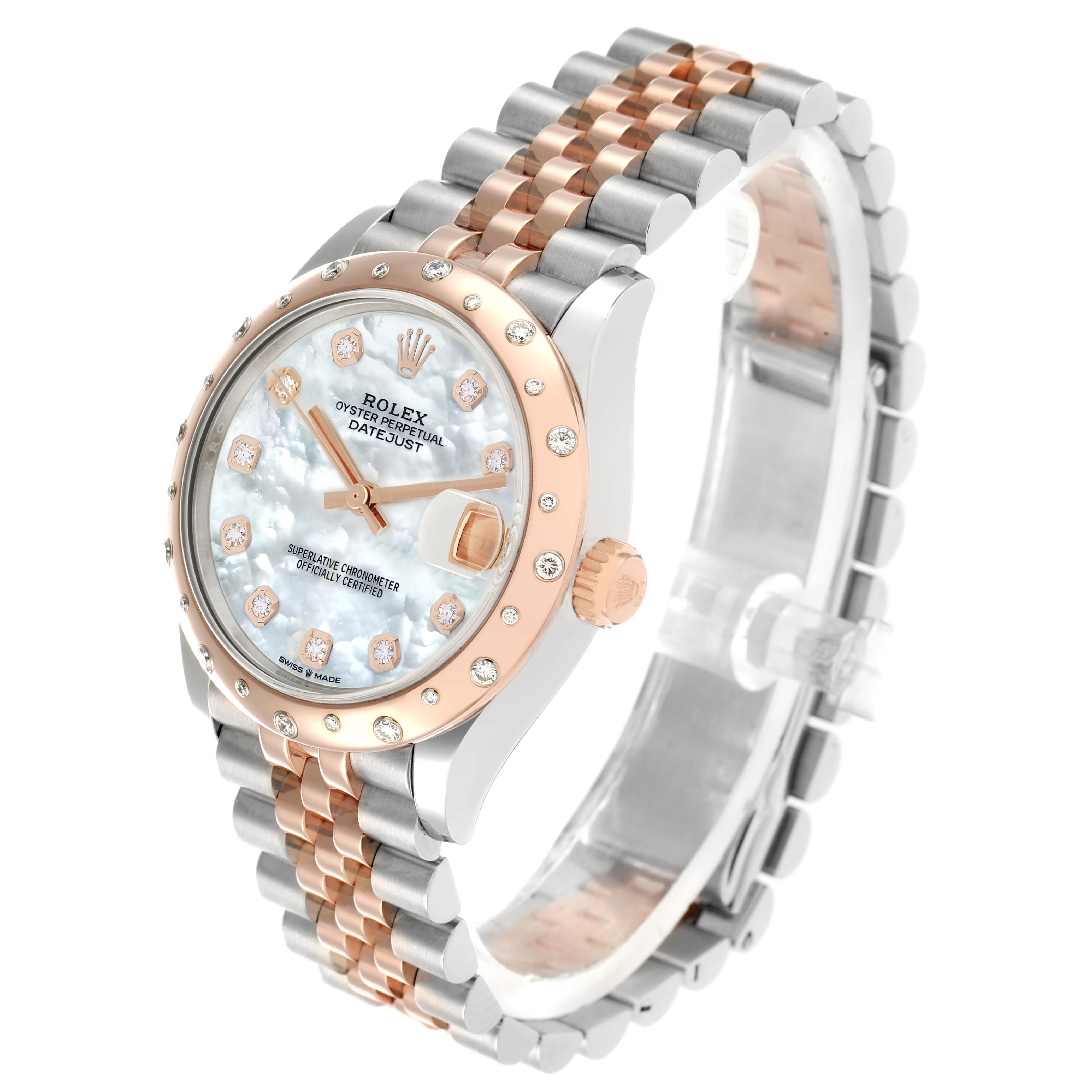 The Rolex Mid-Size 278341 Women
s Steel and Gold (two tone) Mother of Pearl Dial Datejust is shown at an angle highlighting its dial, bezel, and two-tone bracelet.
