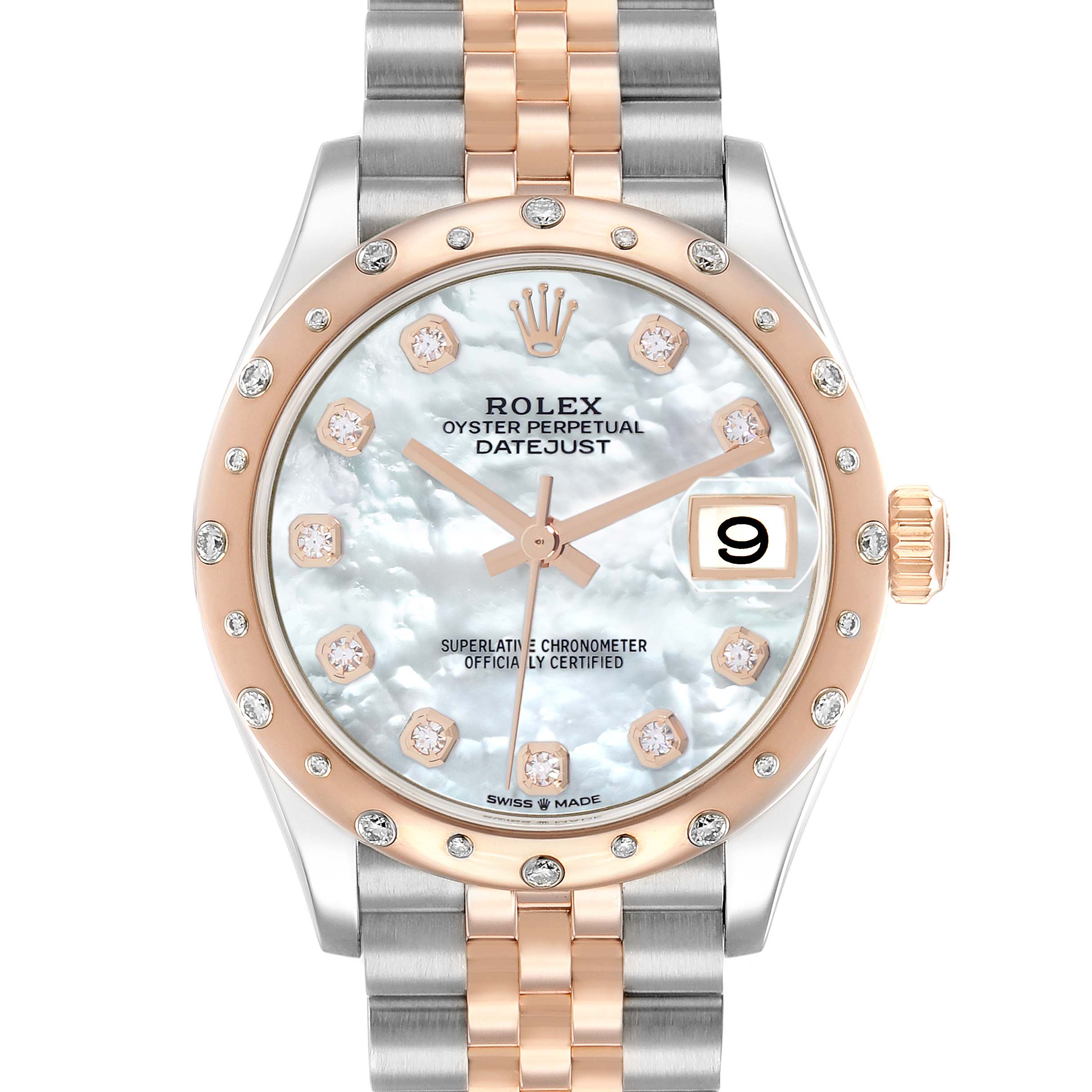 This image shows a front view of the Rolex Mid-Size 278341 Women
s Steel and Gold (two tone) Mother of Pearl Dial Oyster Perpetual Datejust, highlighting the dial, bezel, and bracelet.