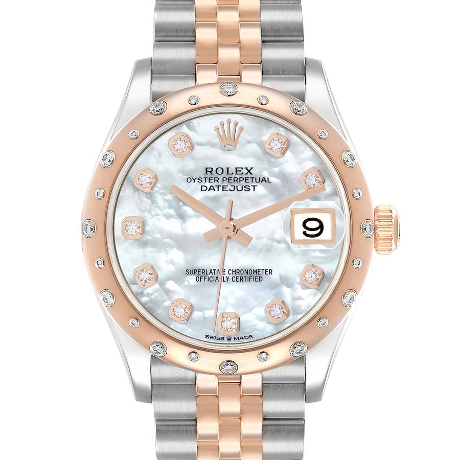 This image shows a front view of the Rolex Mid-Size 278341 Women's Steel and Gold (two tone) Mother of Pearl Dial Oyster Perpetual Datejust, highlighting the dial, bezel, and bracelet.
