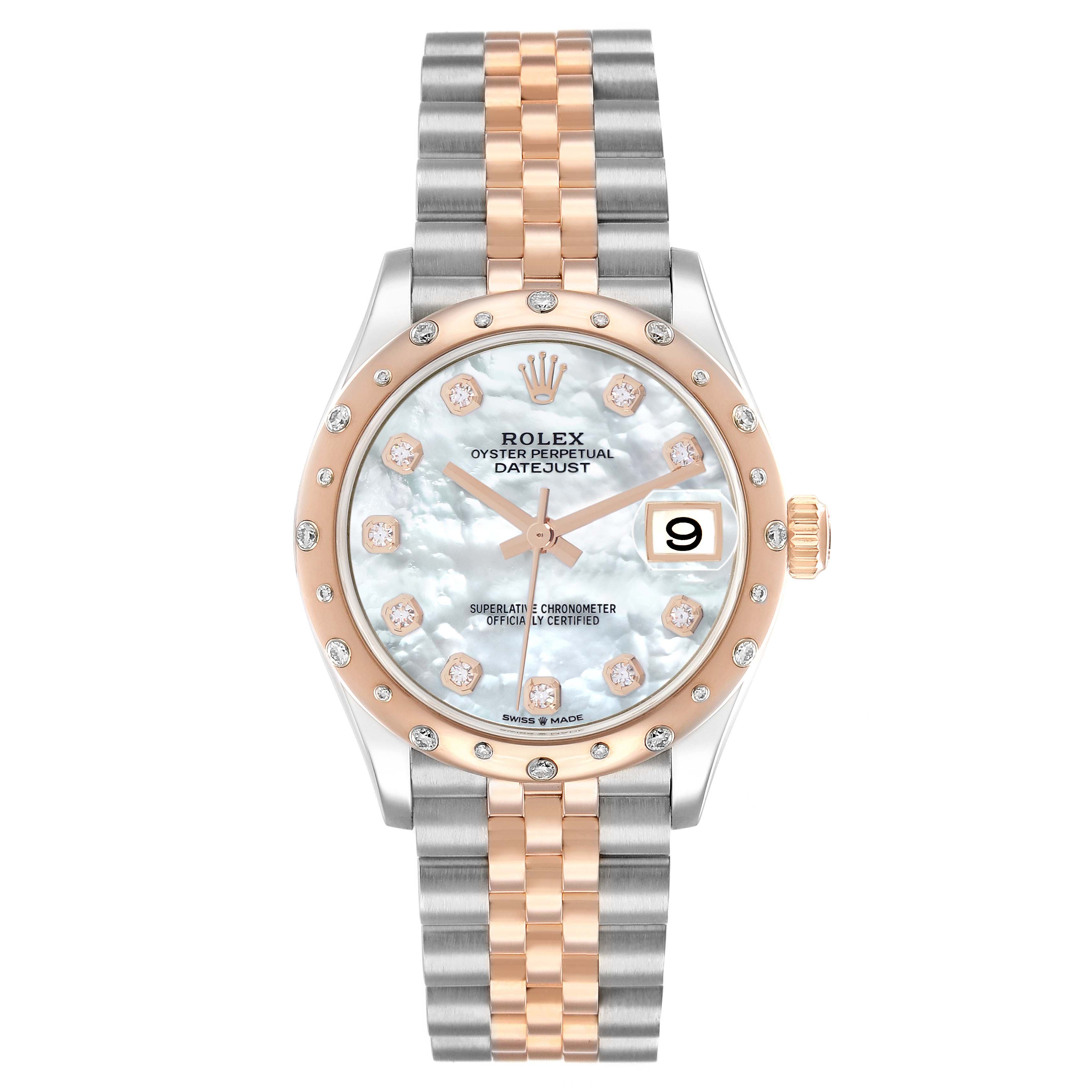 The Rolex Datejust Mid-Size is shown from a front view, displaying the face, bezel, and bracelet.