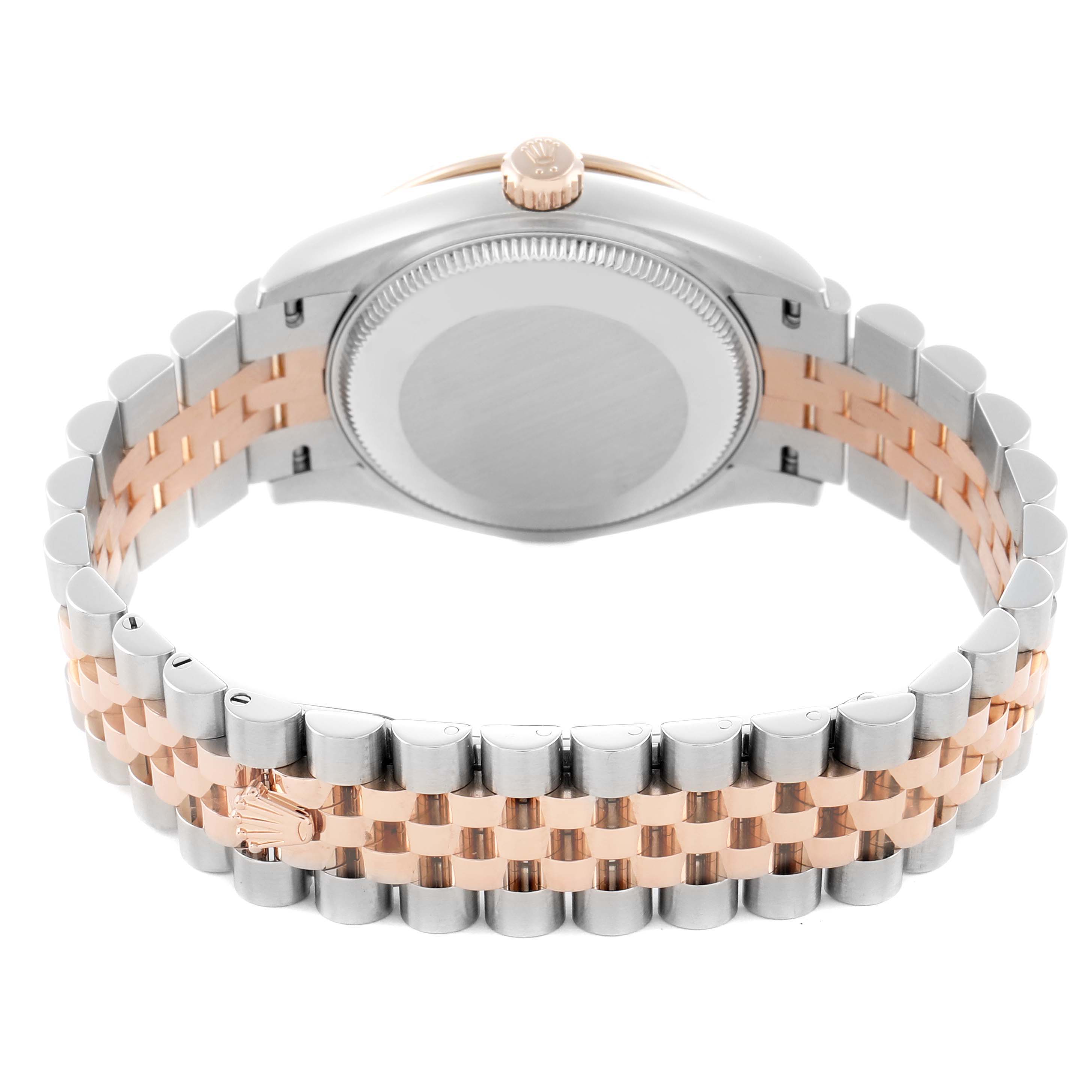 The image shows the back and bracelet of a Rolex Mid-Size 278341 Women
s Steel and Gold (two tone) Mother of Pearl Dial watch, featuring a two-tone design with a Jubilee-style bracelet.