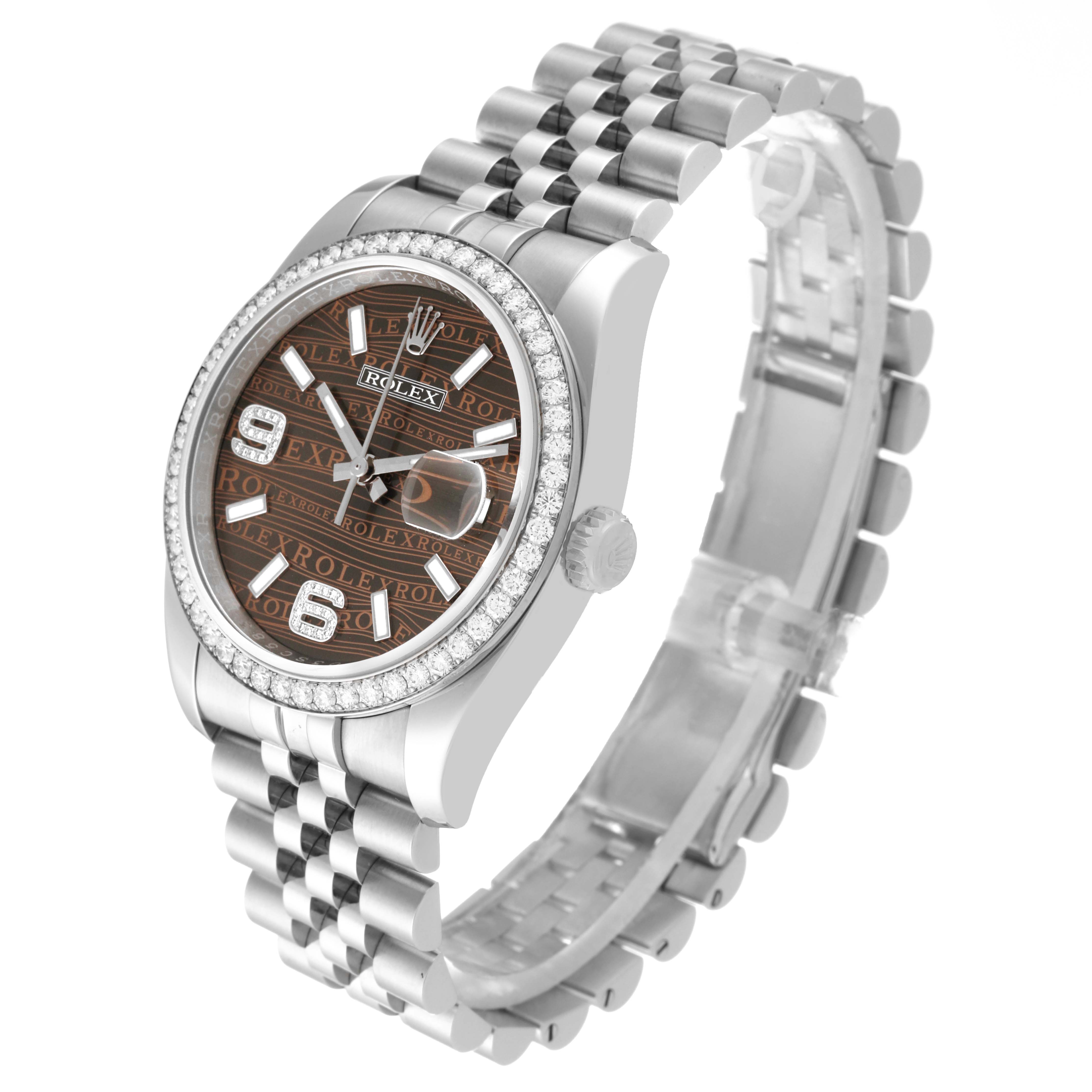 The image shows a Rolex Datejust 116244 Men's Stainless Steel Brown Dial 116244 Men's Stainless Steel Brown Dial watch at a three-quarter angle, highlighting the face, bezel, crown, and bracelet.