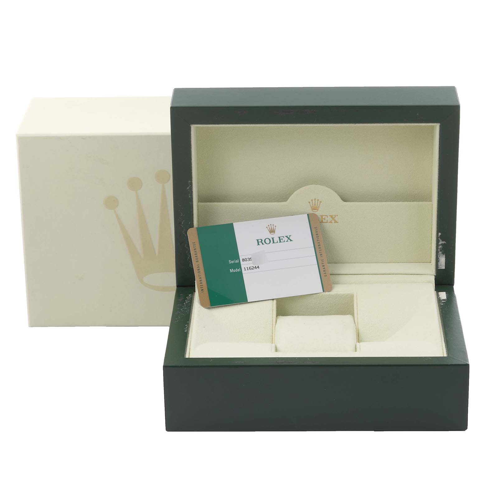 The image shows an open Rolex Datejust 116244 Men's Stainless Steel Brown Dial 116244 Men's Stainless Steel Brown Dial watch box with an authentication card inside.