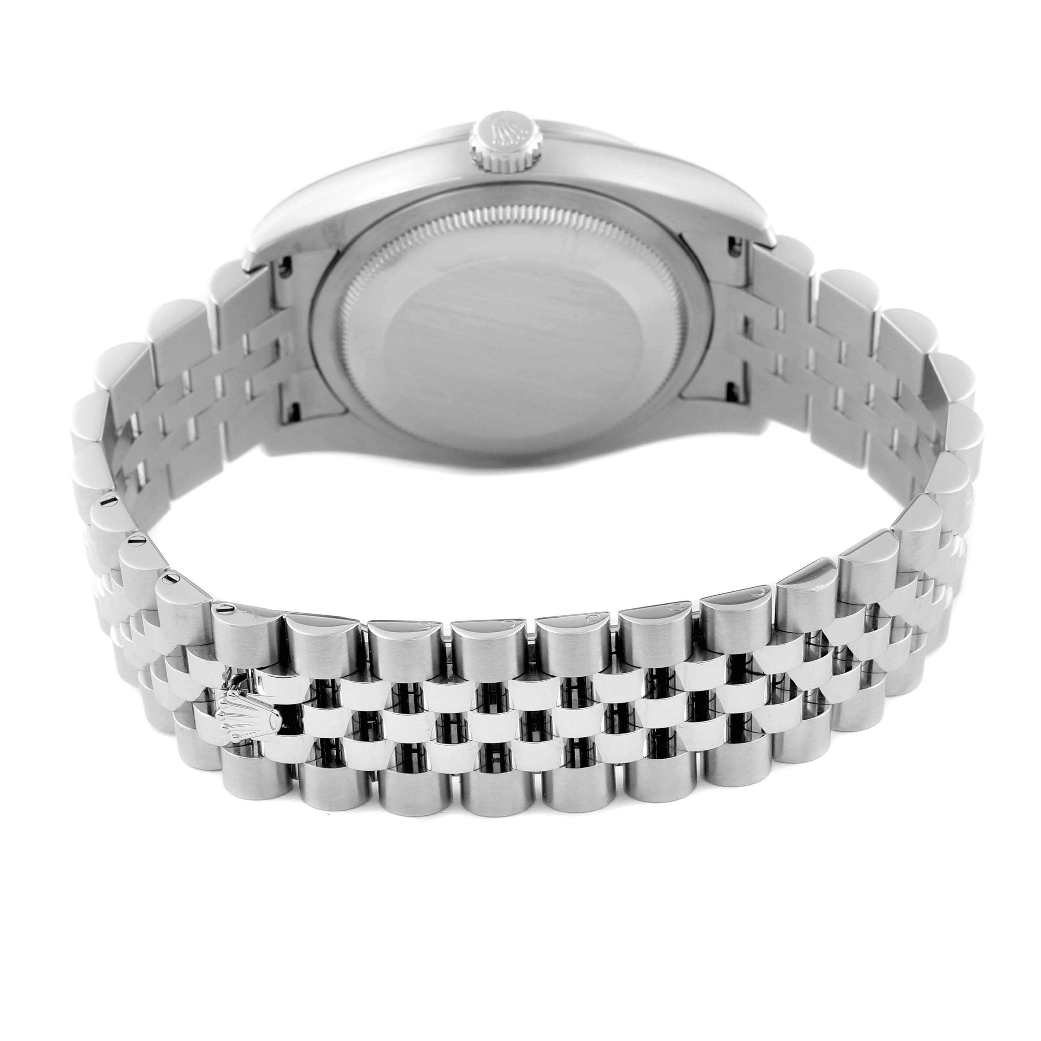 This image shows the back case and jubilee bracelet of a Rolex Datejust 116244 Men's Stainless Steel Brown Dial 116244 Men's Stainless Steel Brown Dial watch from a rear angle.