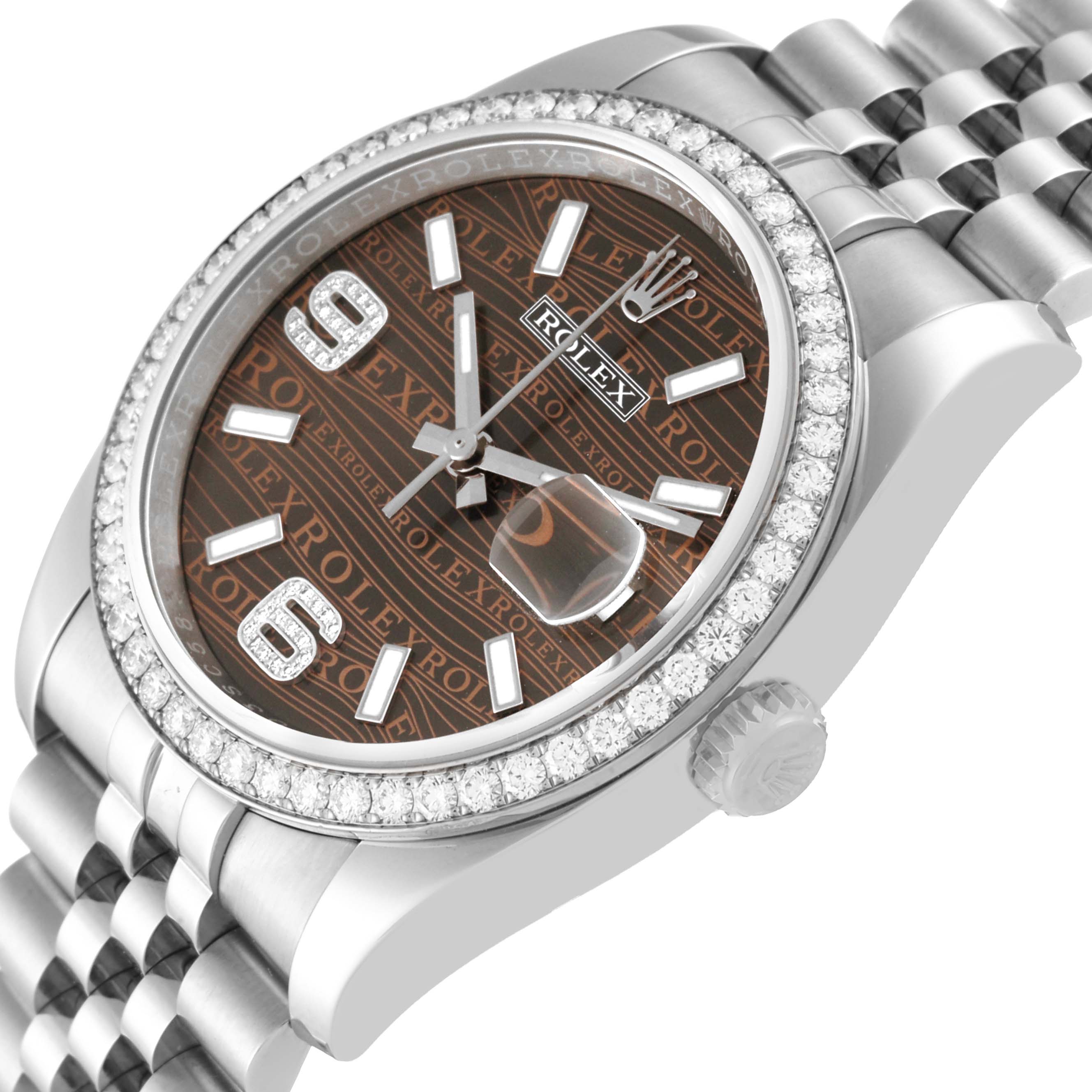 The Rolex Datejust 116244 Men's Stainless Steel Brown Dial 116244 Men's Stainless Steel Brown Dial model is shown at a slight angle, highlighting its diamond bezel, patterned dial, crown, and part of its bracelet.
