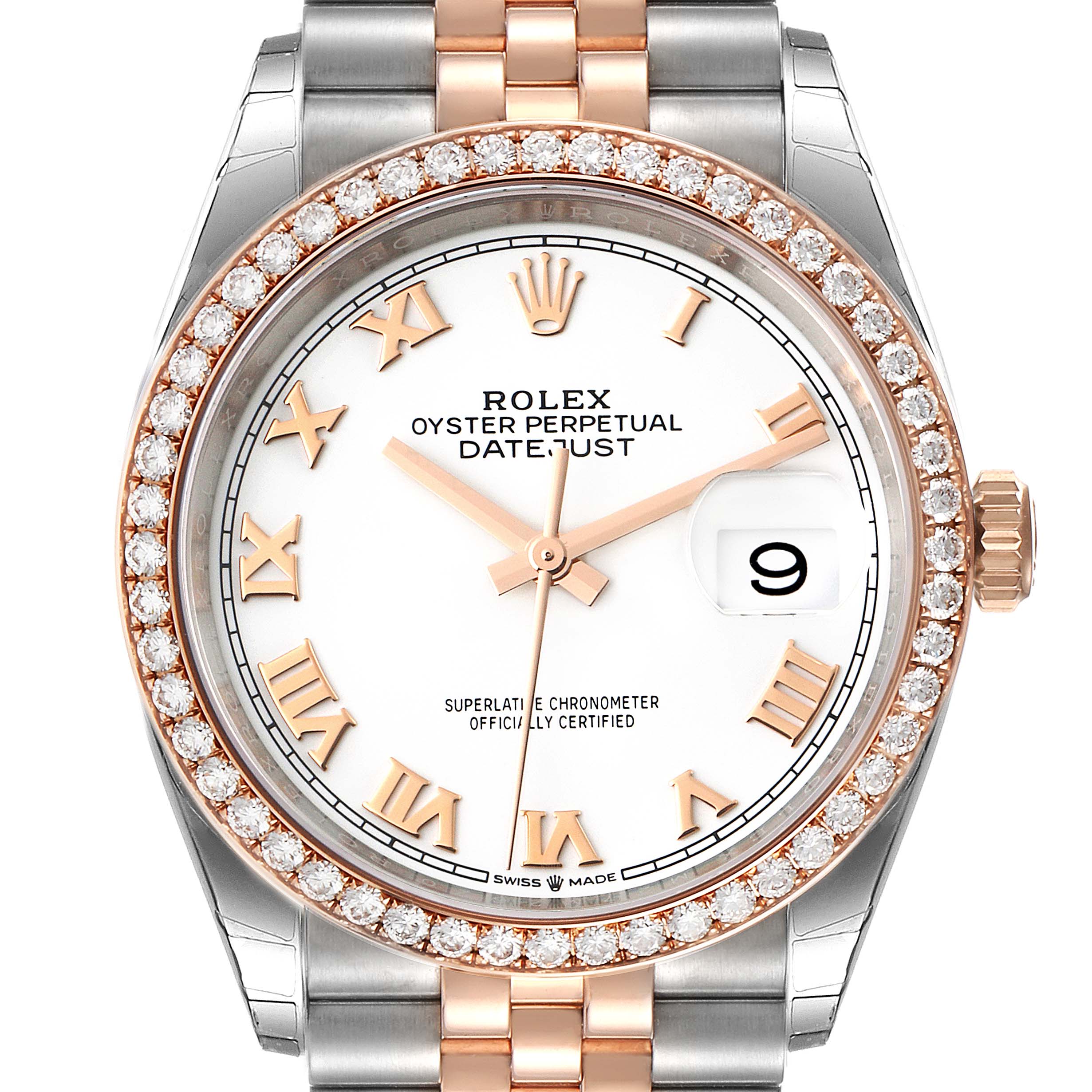 The image shows a frontal view of the Rolex Datejust 126281 Men's Steel and Gold (two tone) White Dial 126281 Men's Steel and Gold (two tone) White Dial watch, highlighting its face, bezel, crown, and part of the bracelet.