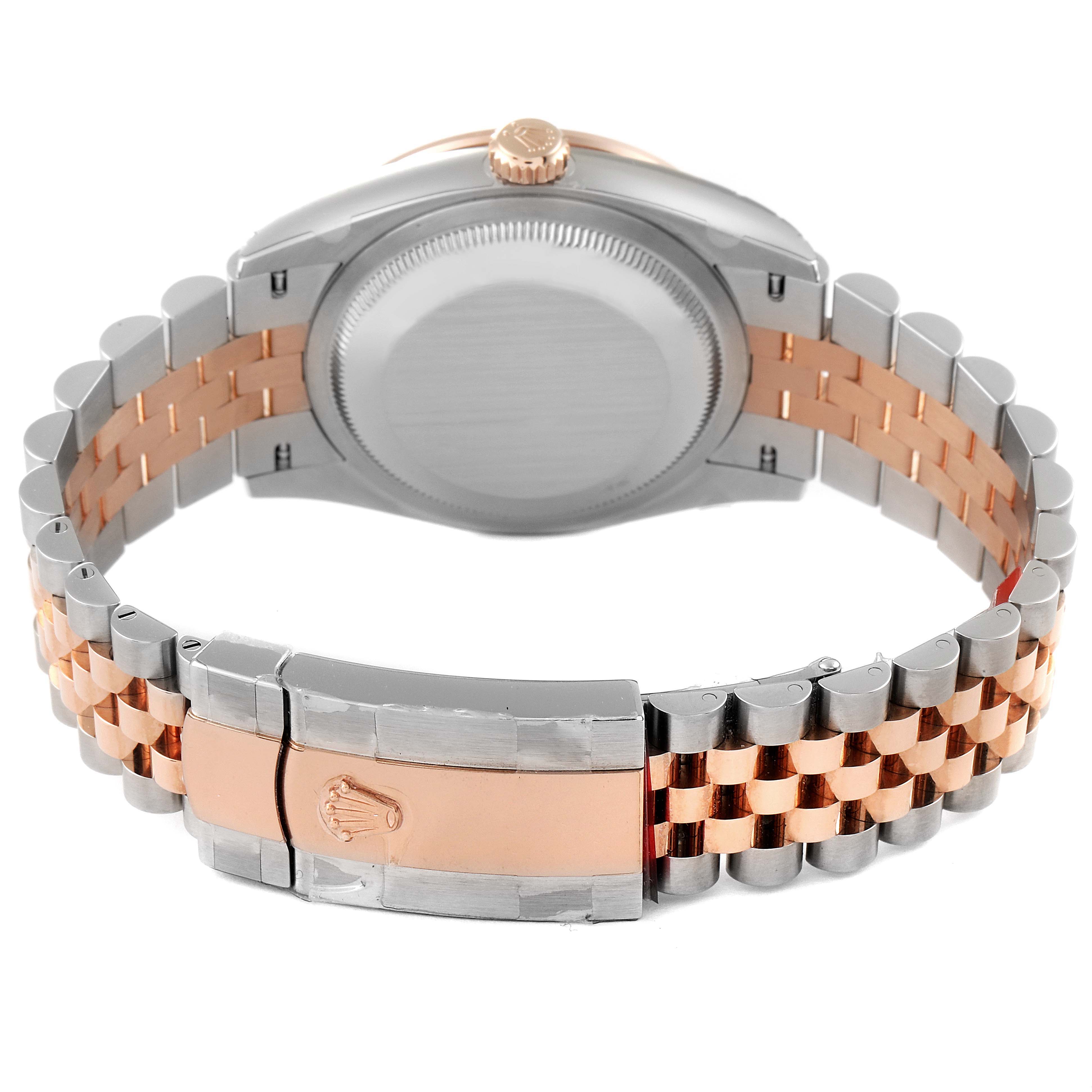 The image shows the back of a Rolex Datejust 126281 Men's Steel and Gold (two tone) White Dial 126281 Men's Steel and Gold (two tone) White Dial watch, highlighting its two-tone bracelet and clasp with the Rolex logo.