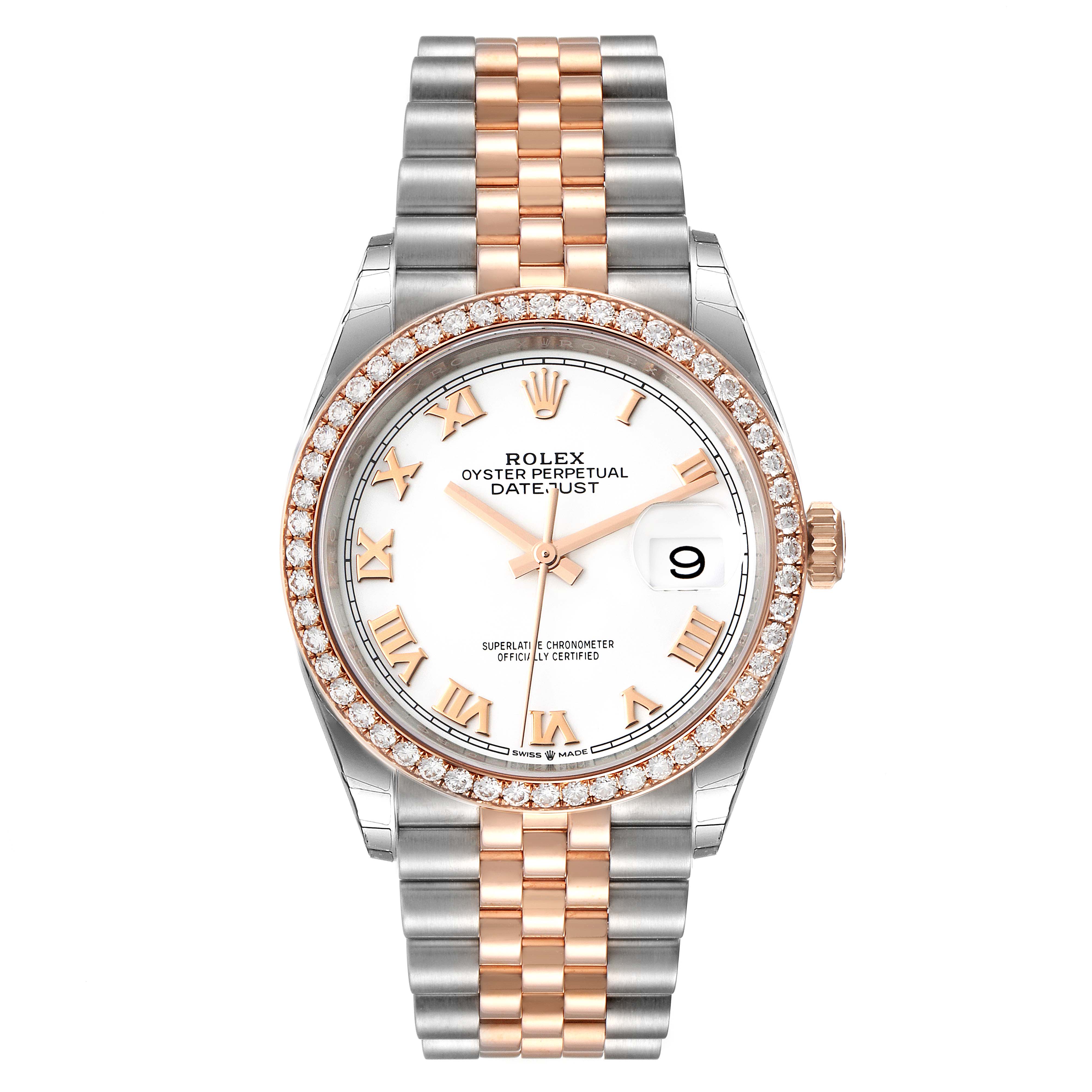 The image shows a front view of the Rolex Datejust 126281 Men's Steel and Gold (two tone) White Dial 126281 Men's Steel and Gold (two tone) White Dial watch, highlighting its face, bezel, and two-tone bracelet.