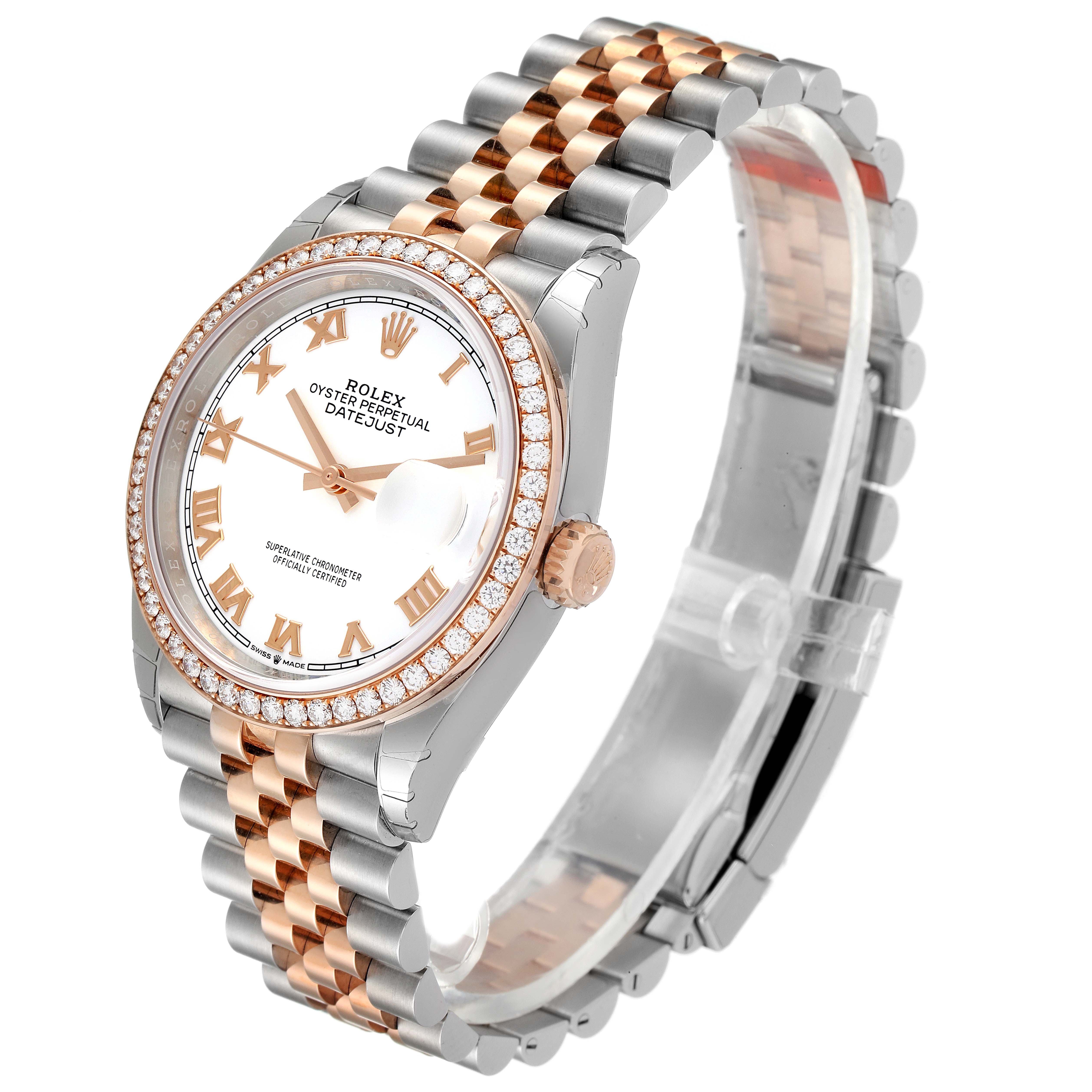 The Rolex Datejust 126281 Men's Steel and Gold (two tone) White Dial 126281 Men's Steel and Gold (two tone) White Dial watch is shown at an angle revealing its face, bezel, crown, and two-tone bracelet.