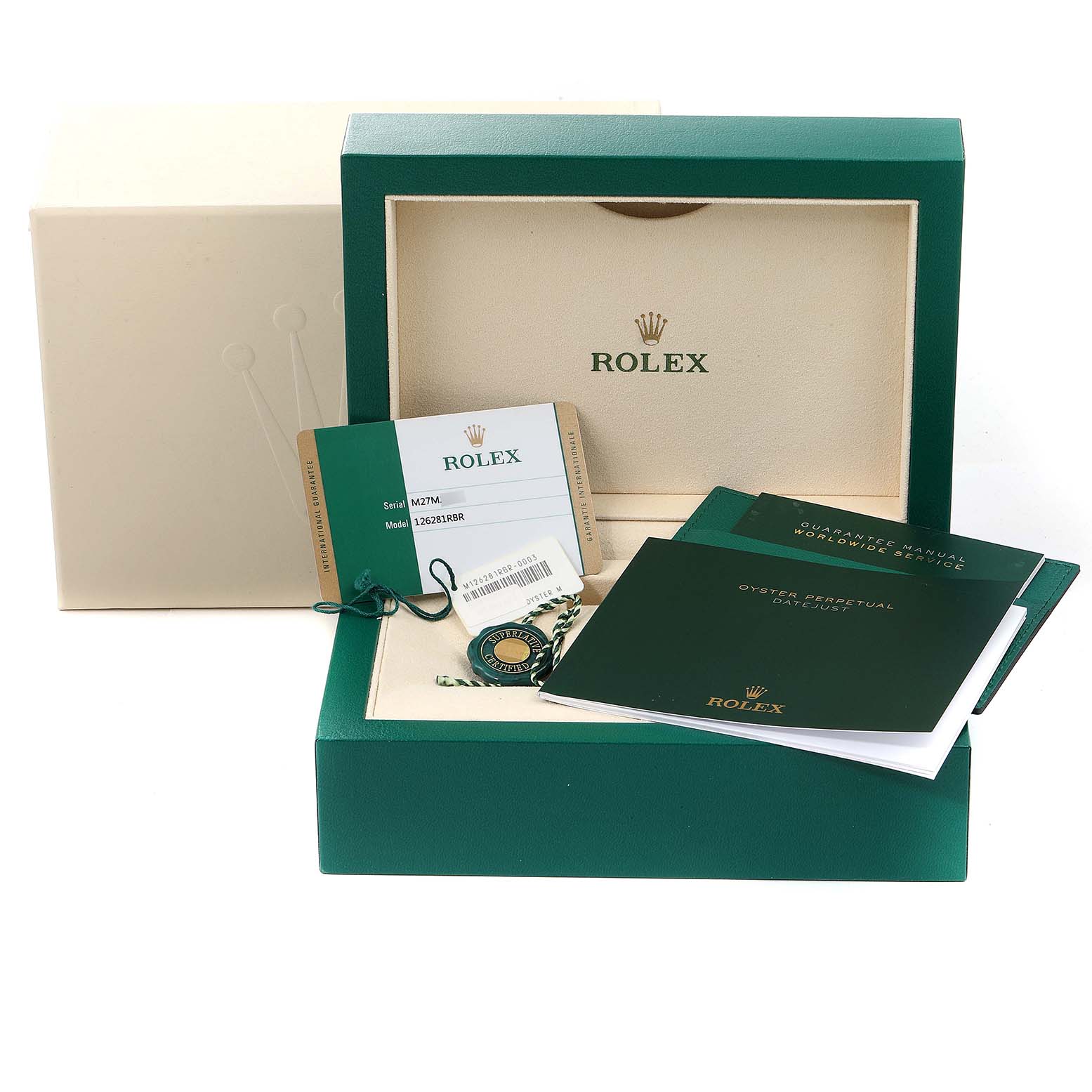 The image shows the packaging, guarantee card, manuals, and accessories for a Rolex Datejust 126281 Men's Steel and Gold (two tone) White Dial 126281 Men's Steel and Gold (two tone) White Dial watch.