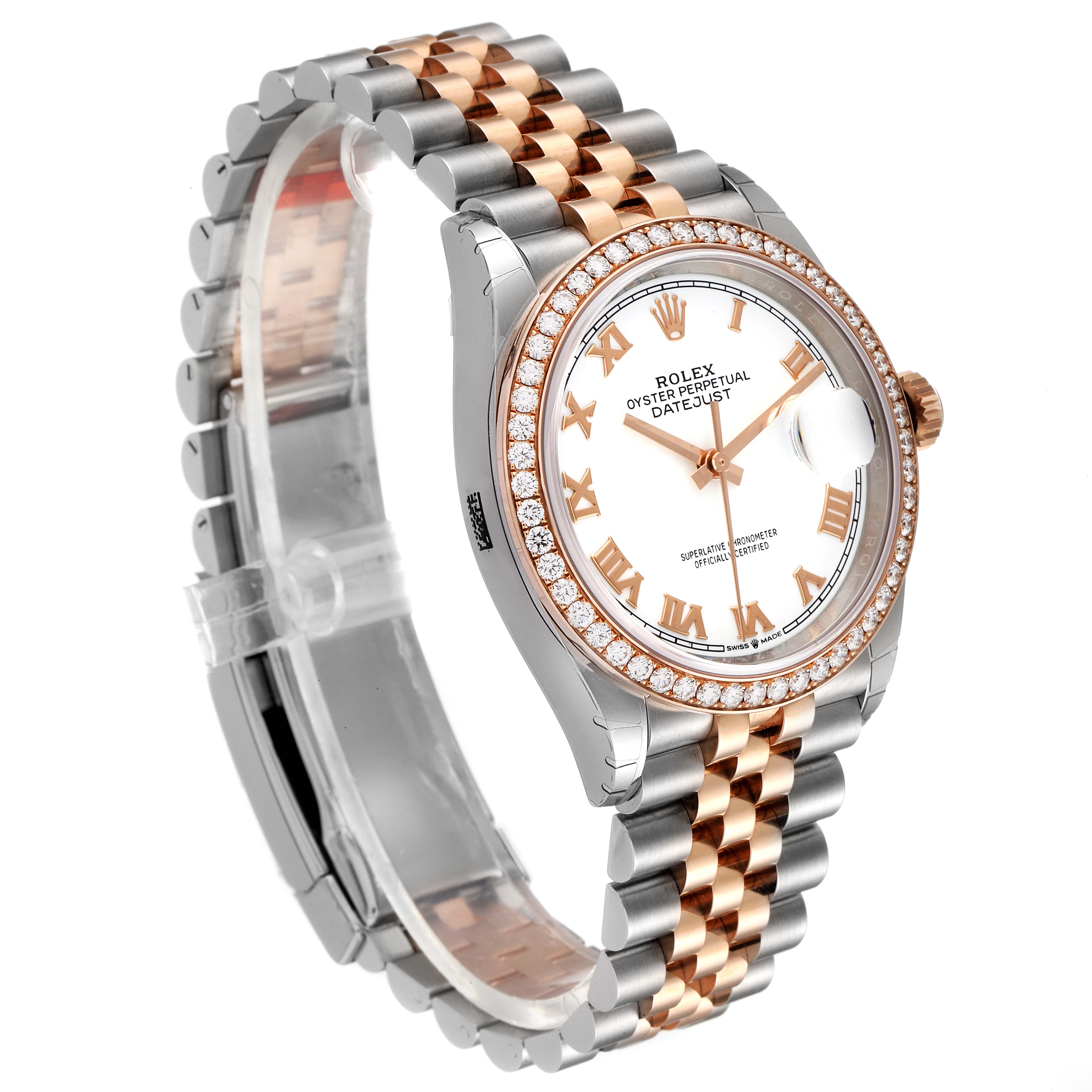 This Rolex Datejust 126281 Men's Steel and Gold (two tone) White Dial 126281 Men's Steel and Gold (two tone) White Dial watch is shown at a three-quarter angle, displaying its dial, bracelet, and diamond-set bezel.