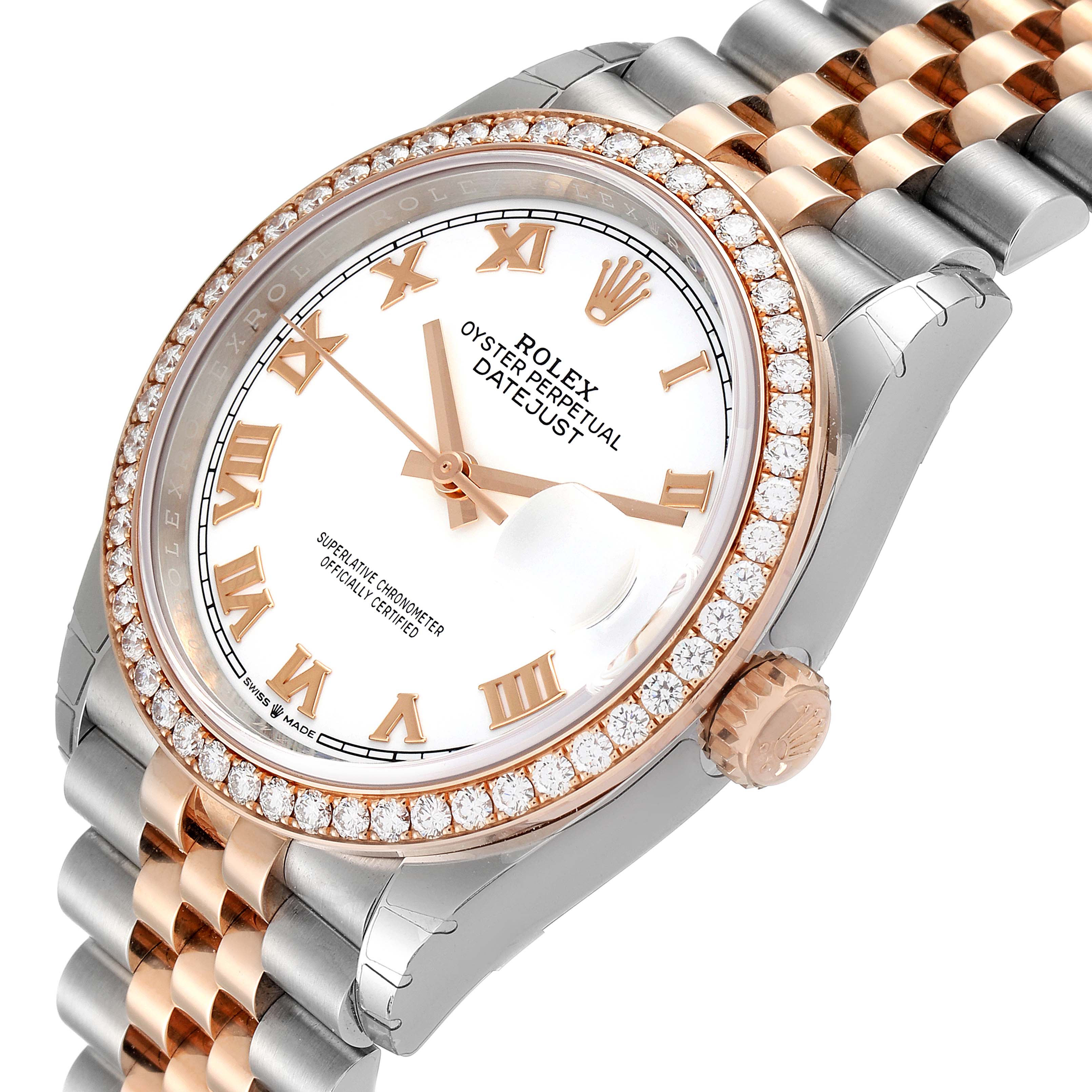 This Rolex Datejust 126281 Men's Steel and Gold (two tone) White Dial 126281 Men's Steel and Gold (two tone) White Dial watch is shown at an angled view, highlighting the face, bezel, and a portion of the bracelet.