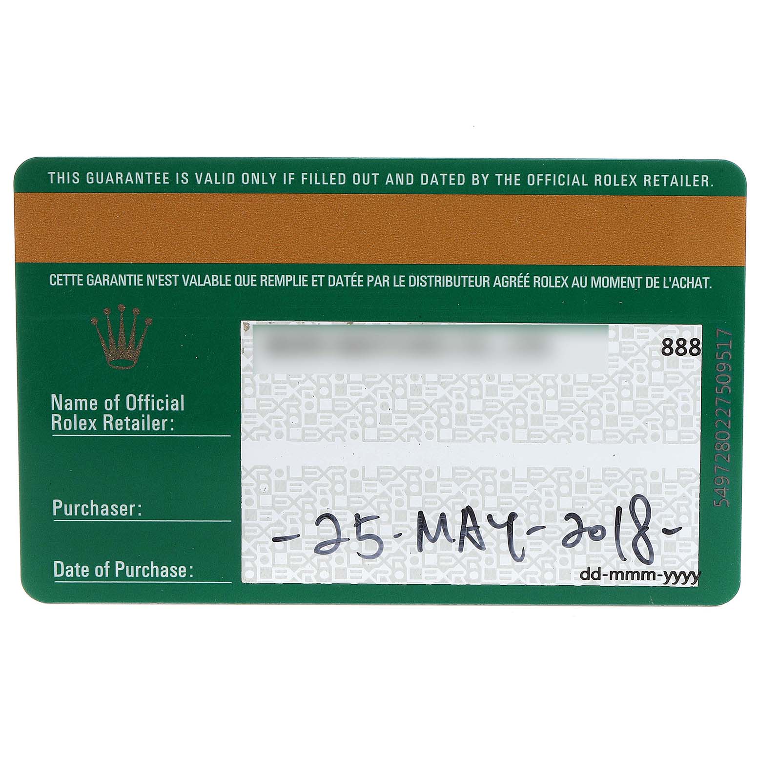 This image shows a guarantee card for a Rolex Datejust 126281 Men's Steel and Gold (two tone) White Dial 126281 Men's Steel and Gold (two tone) White Dial watch, indicating the purchase date as 25-May-2018.