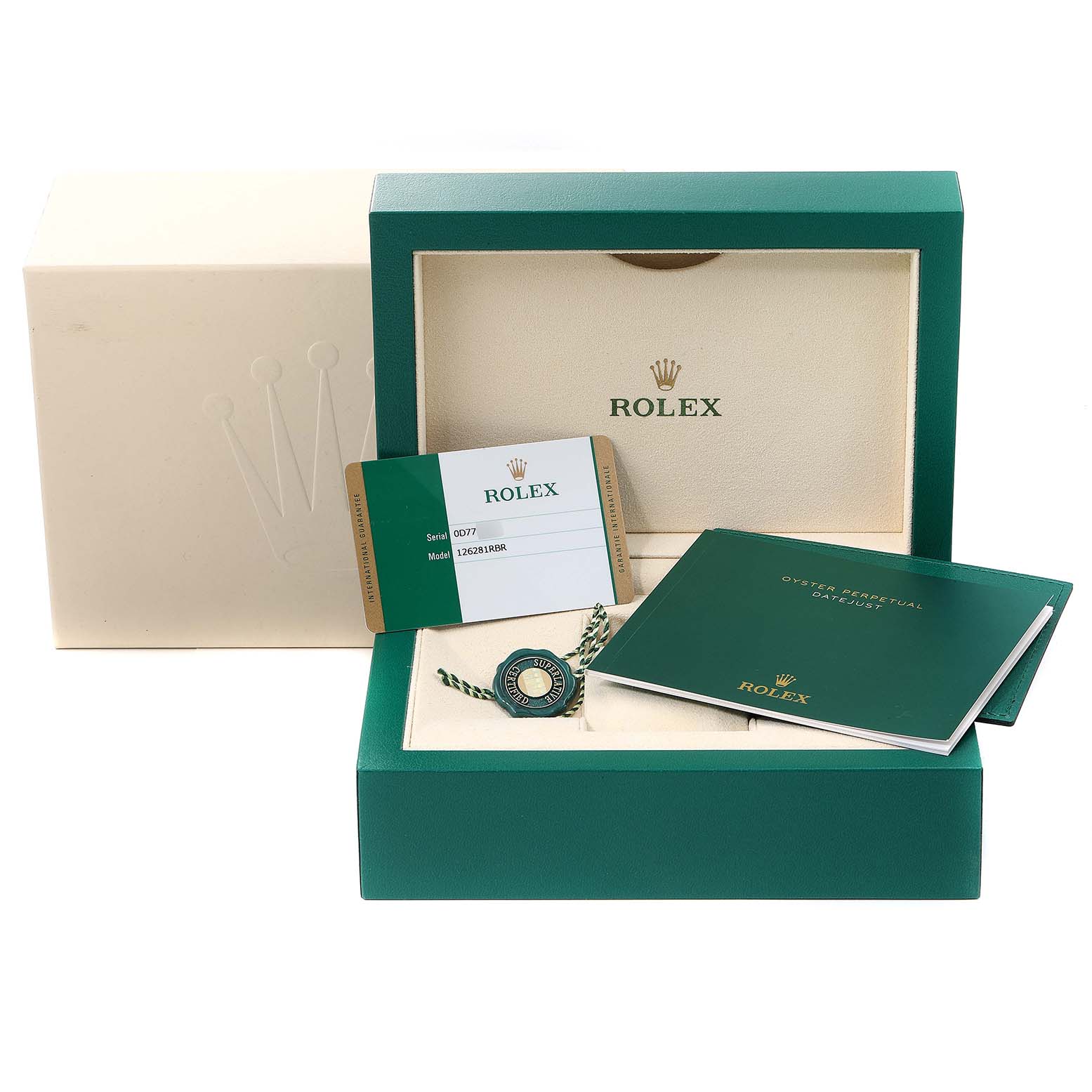 The image shows the packaging, warranty card, manual, and accessories for a Rolex Datejust 126281 Men
s Steel and Gold (two tone) Grey Dial 126281 Men
s Steel and Gold (two tone) Grey Dial.